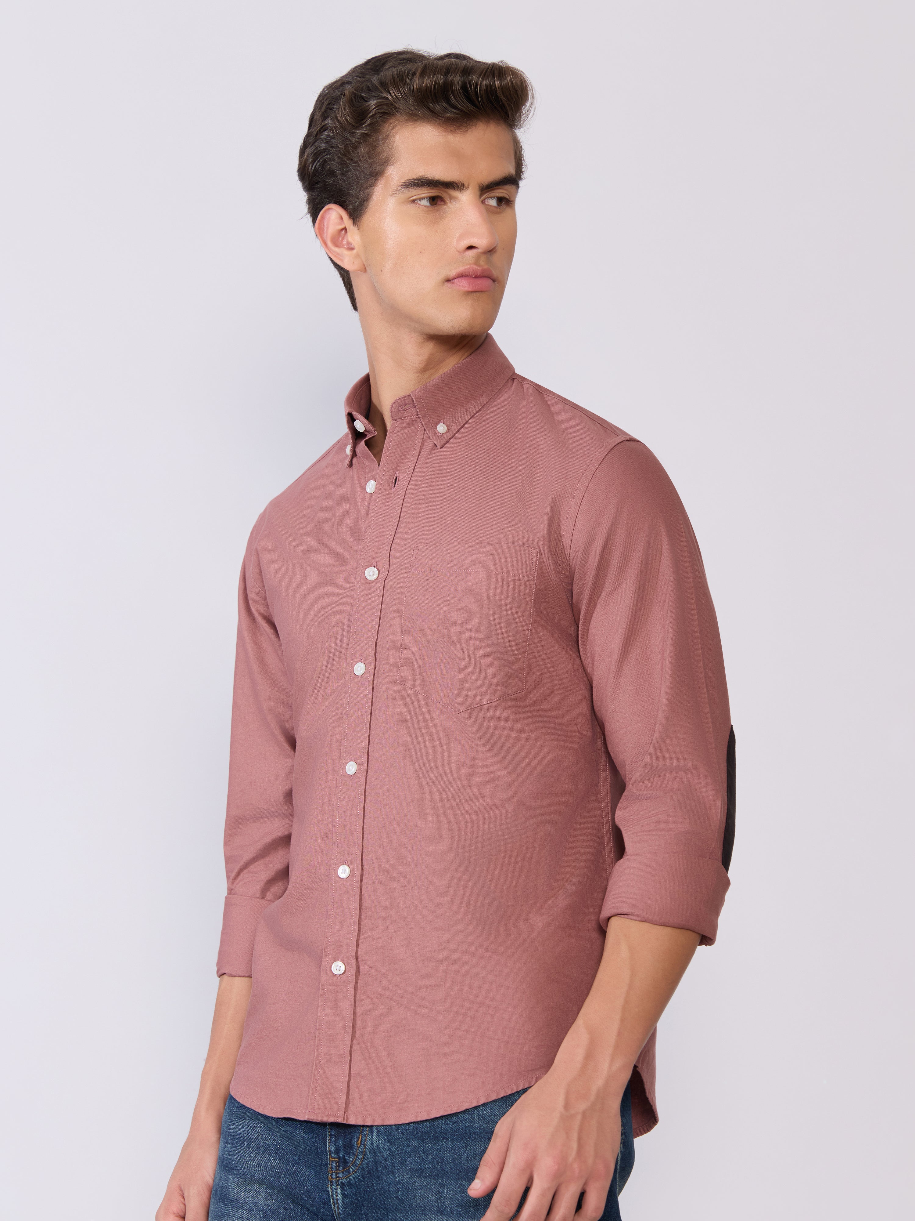 Orbit -  Relaxed Fit Oxford Shirt With Elbow Patch - Dusty Rose