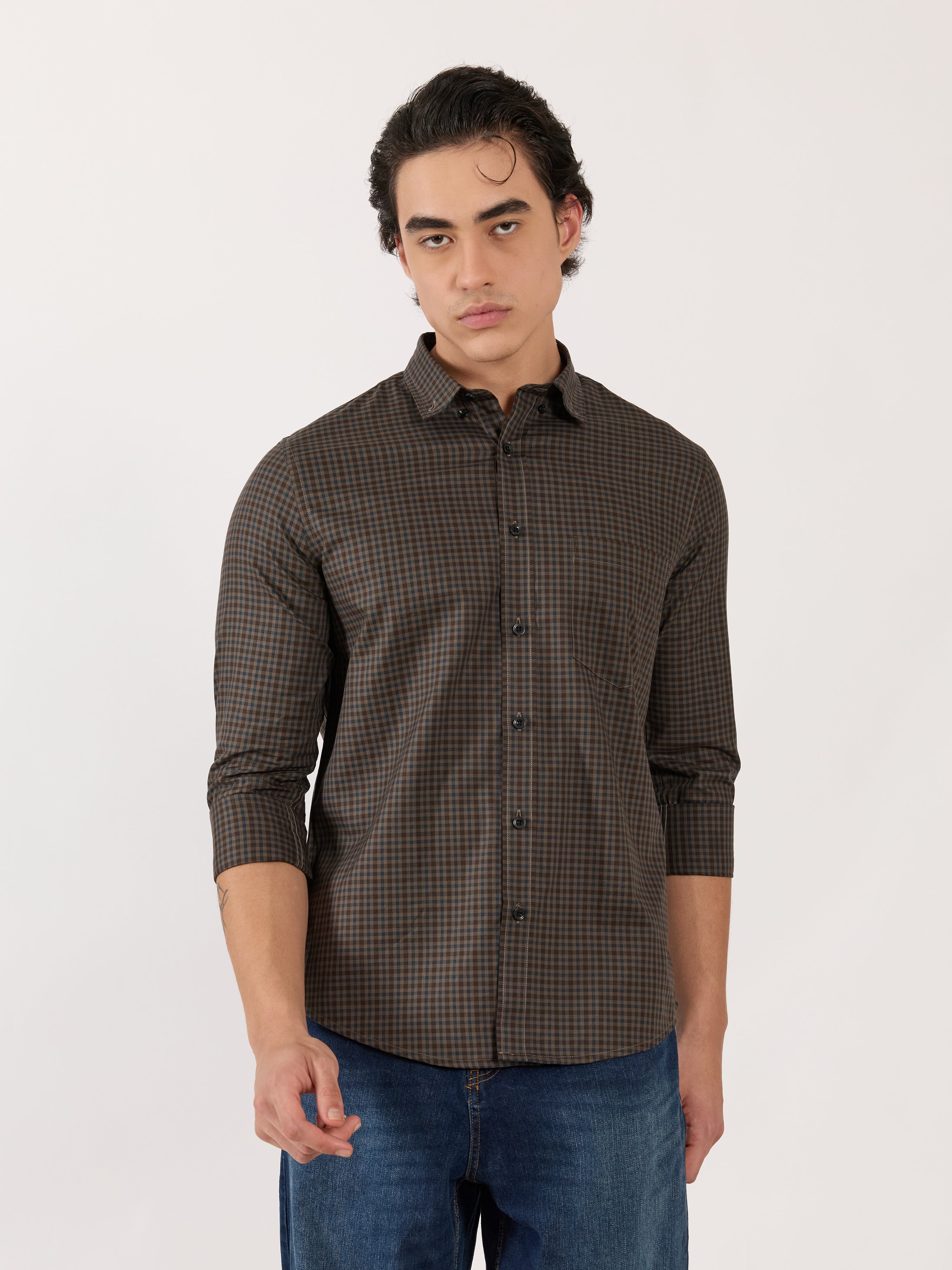 Kola - Turkish Fit Casual Checks Shirt - Brown