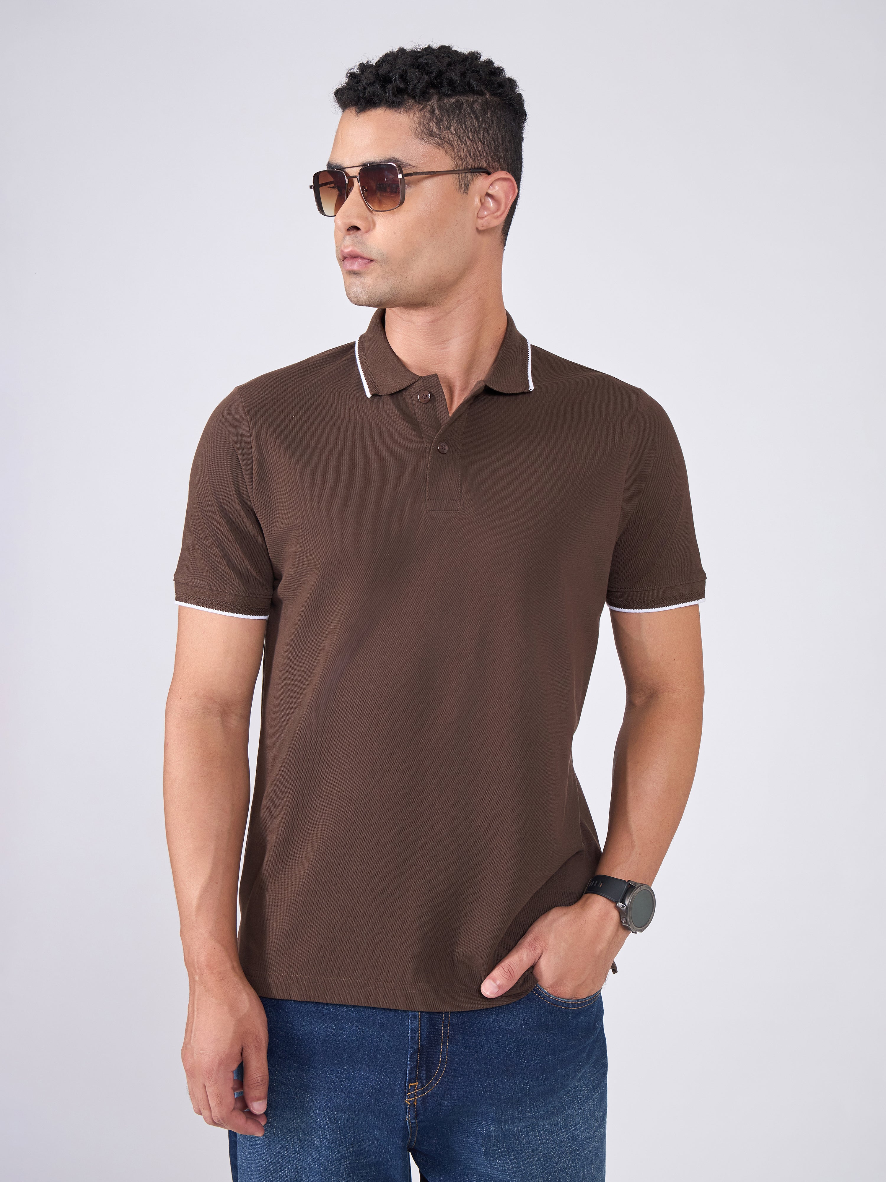 Orwell - Polo T-Shirt with Contrast Tipping -  Dark Coffee