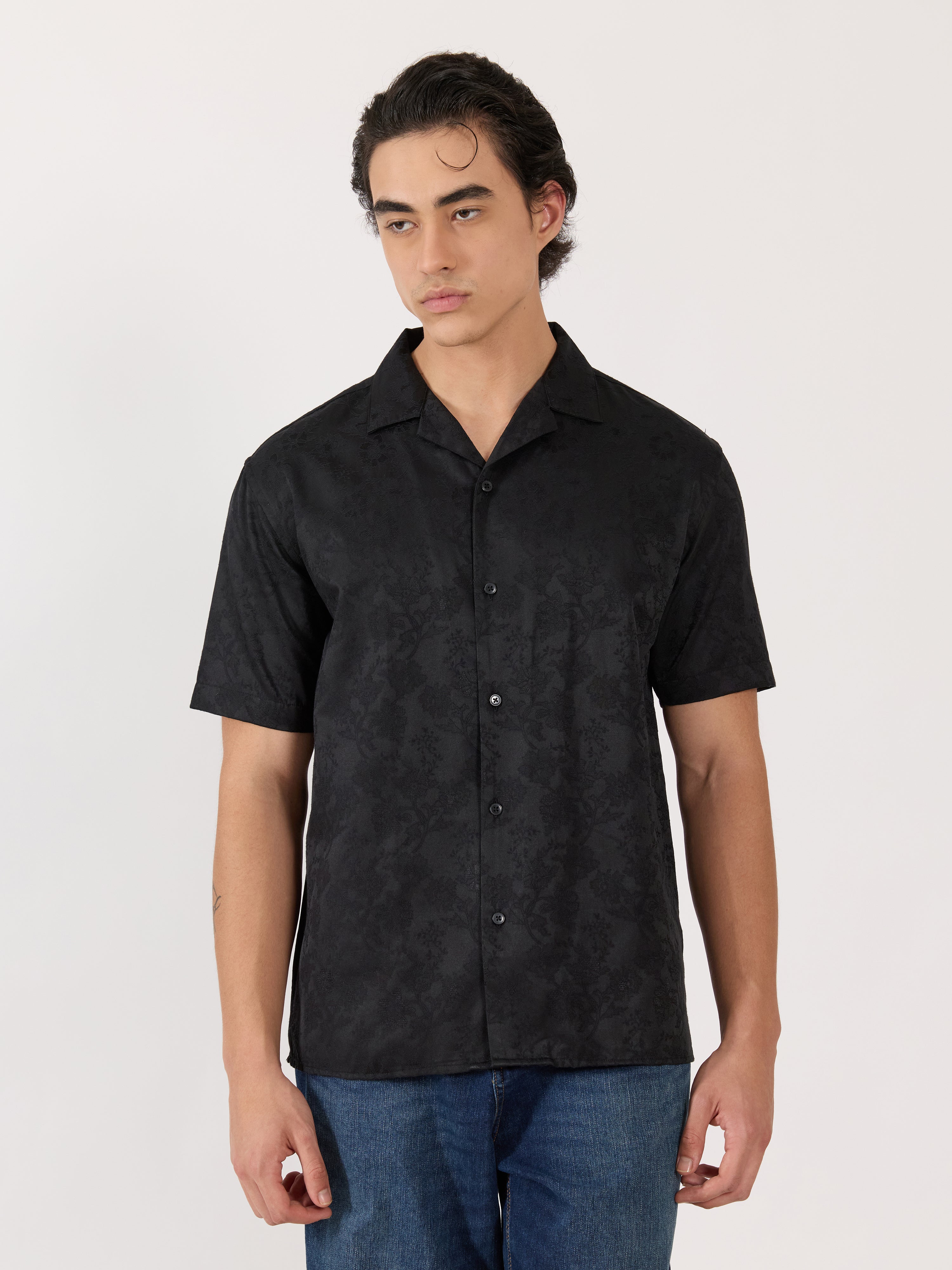 Pova - Embroidered Cuban Collar Shirt - Black