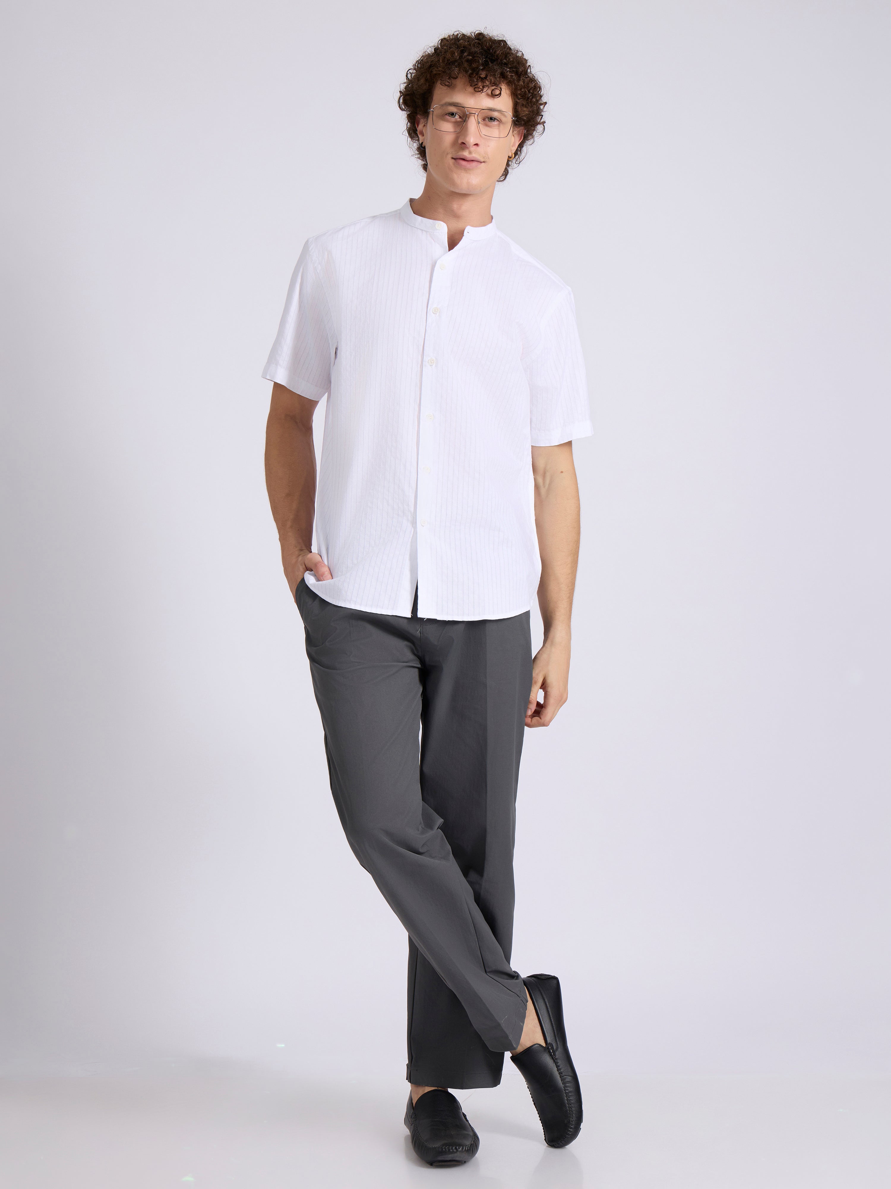 Zabriel - Band Collar Striped Shirt - White