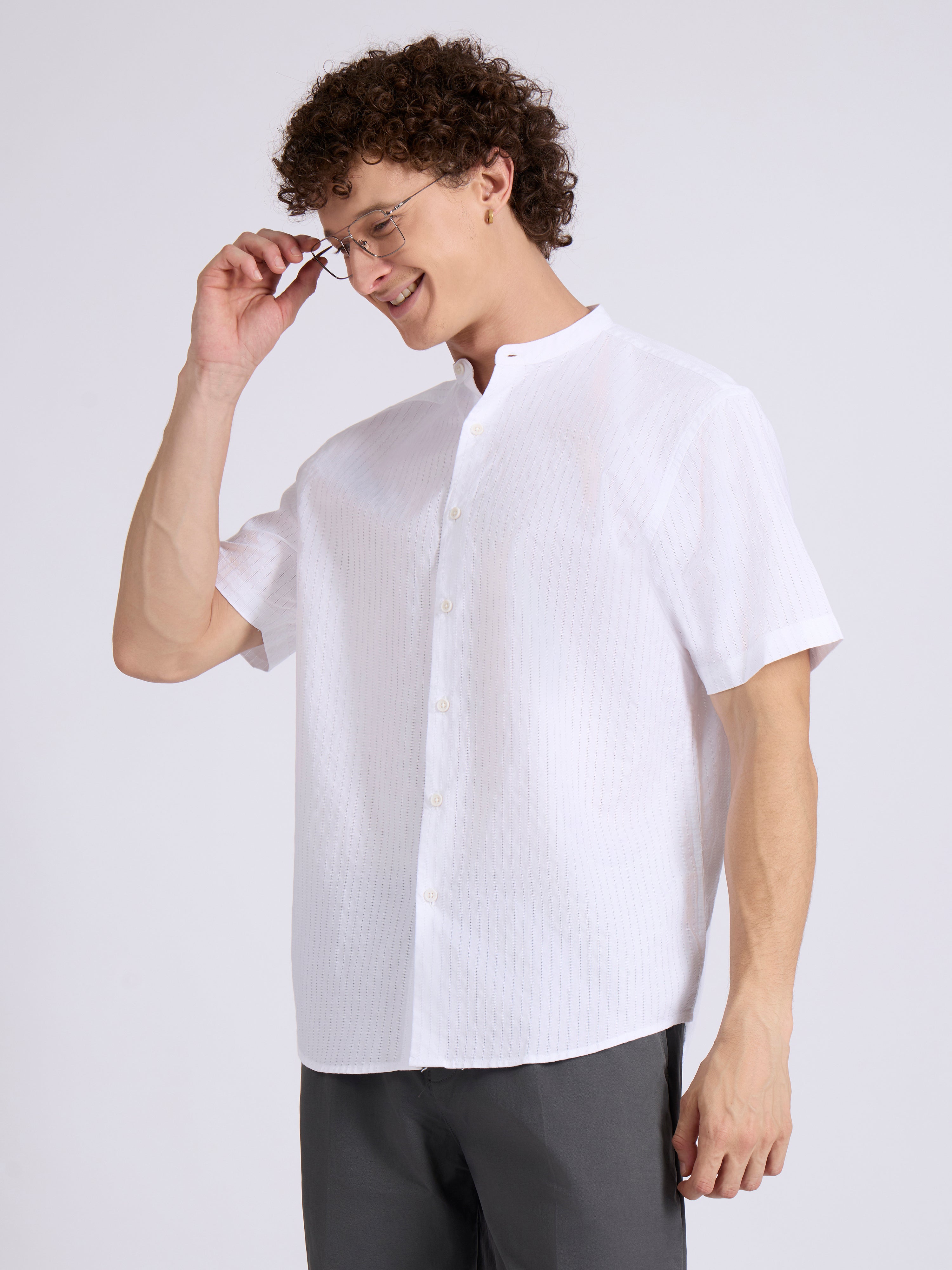 Zabriel - Band Collar Striped Shirt - White