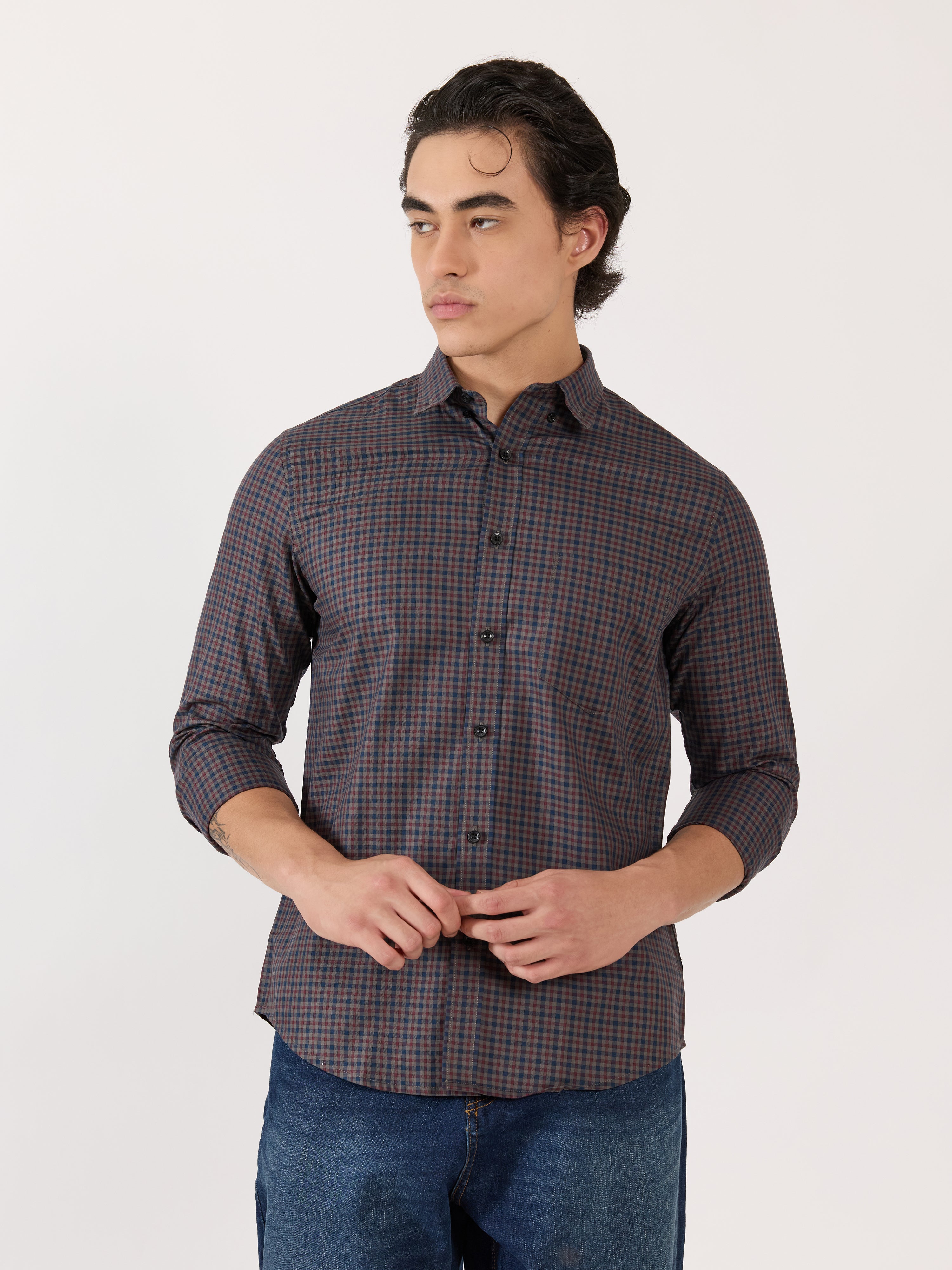 Kola - Turkish Fit Casual Checks Shirt - Maroon