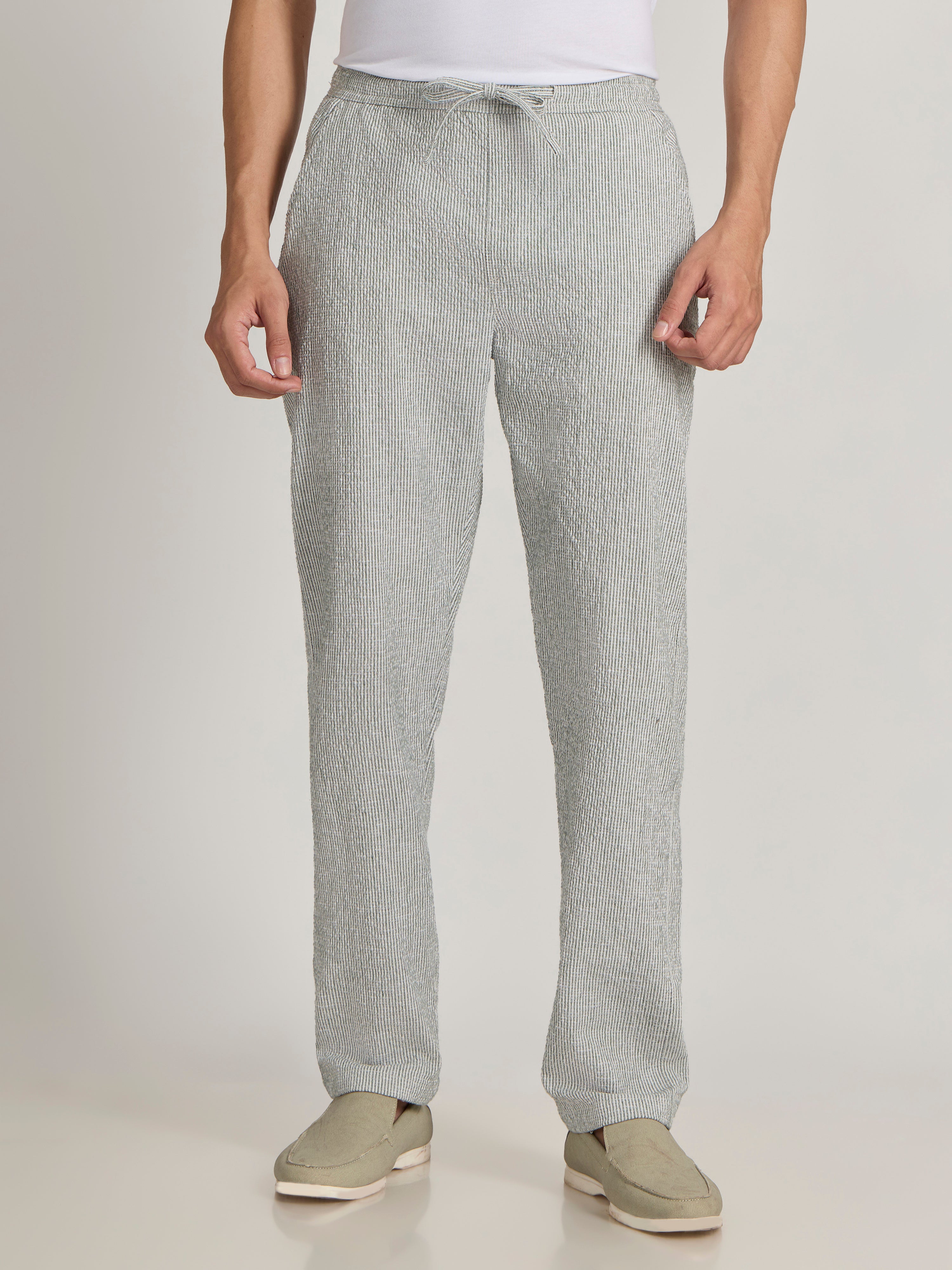 Corbin - Striped Seersucker Trousers - Green