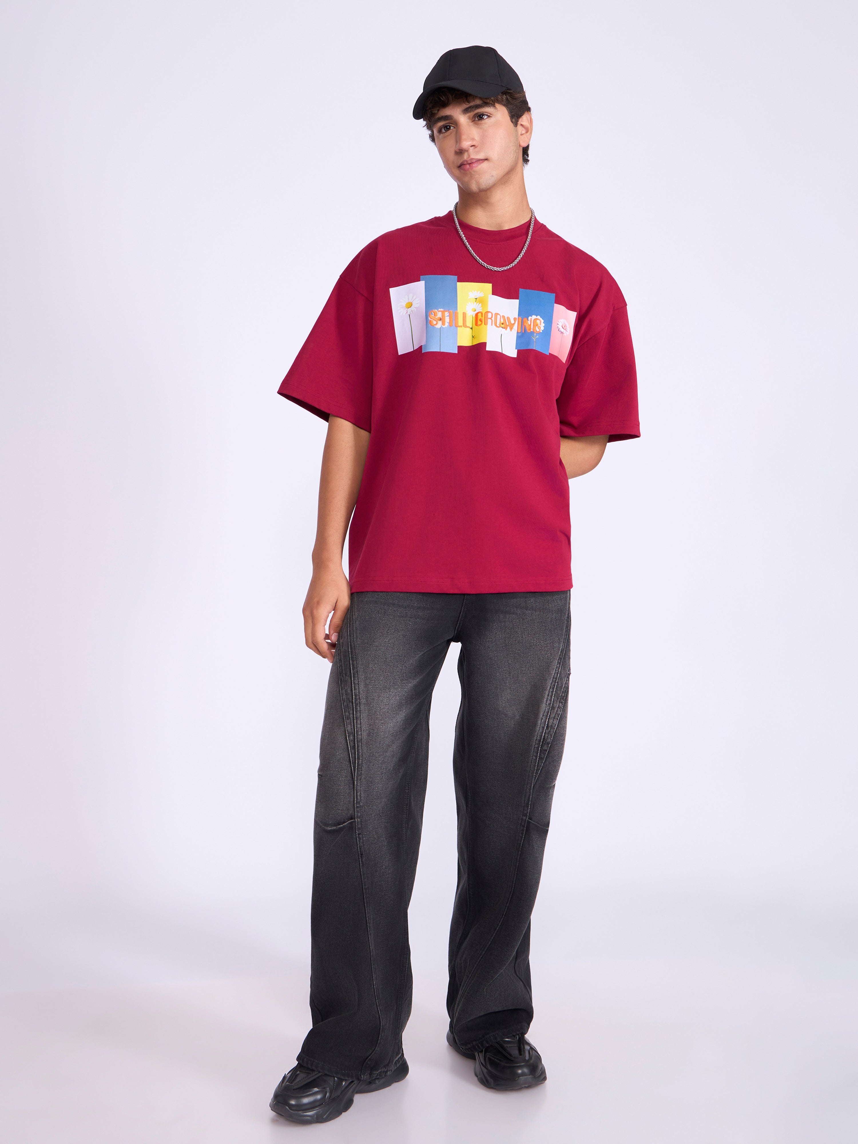Everston - Still Growing Printed Baggy T-Shirt - Cranberry