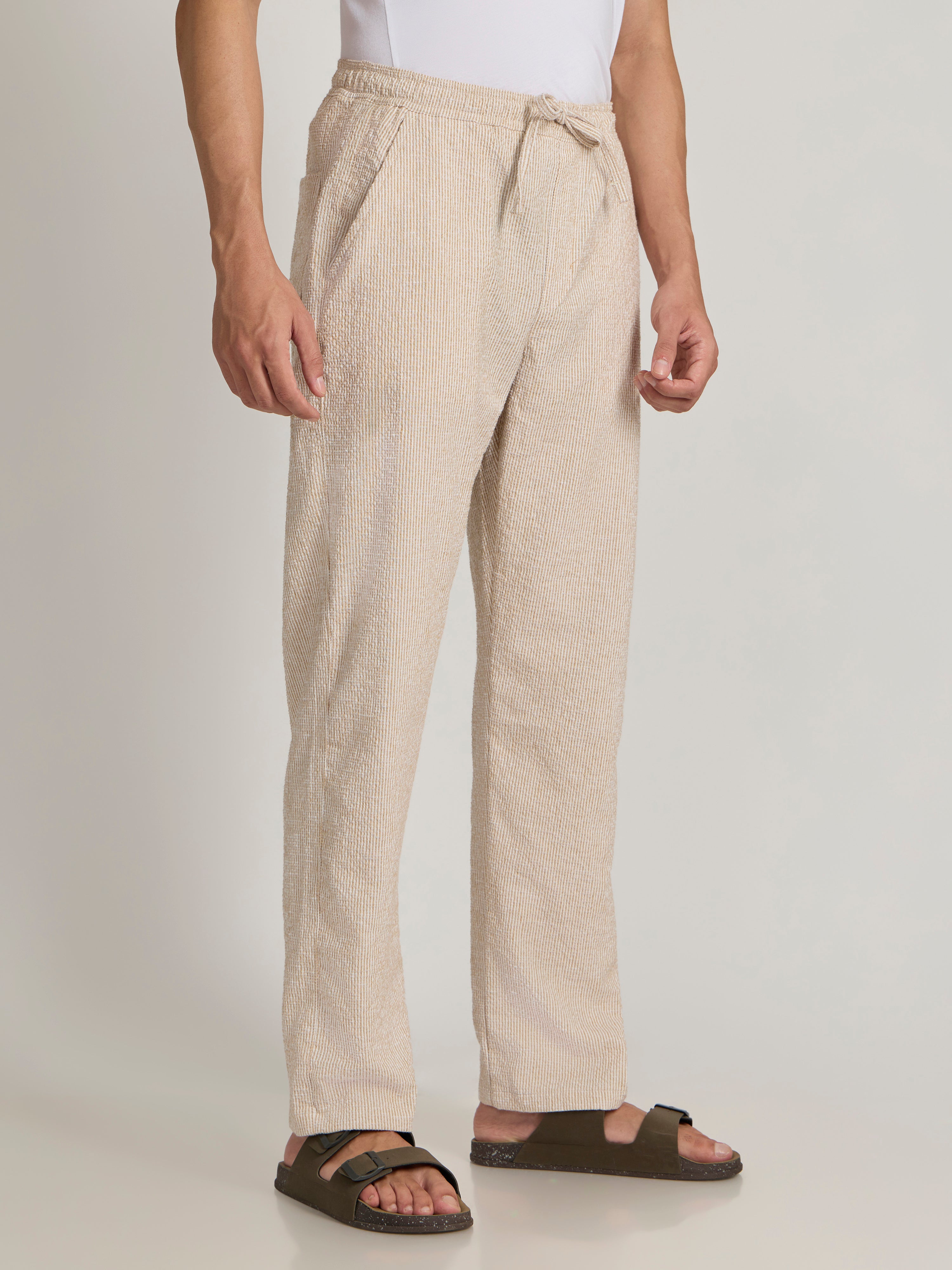 Corbin - Striped Seersucker Trousers - Mustard Beige