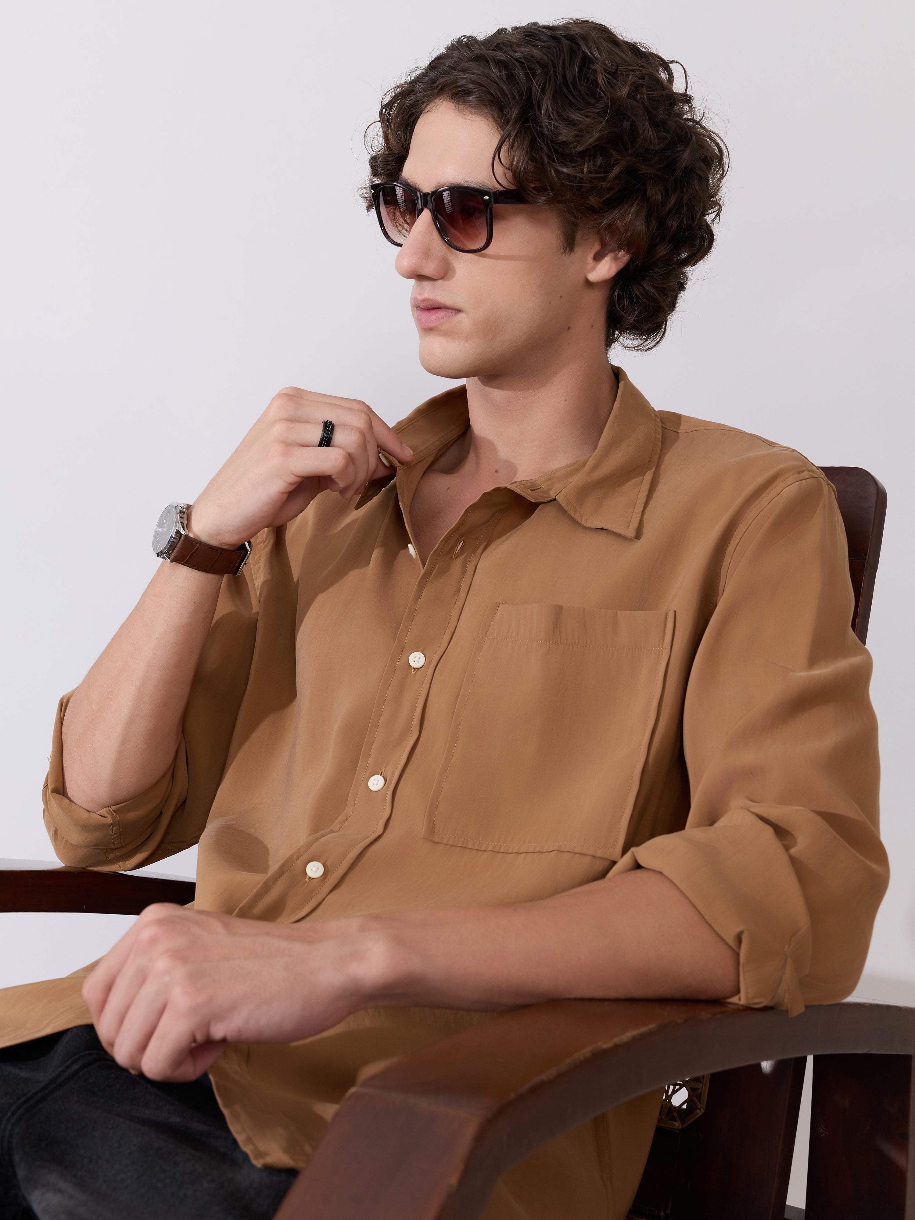 Auzo - Regular Plain Shirt - Chipmunk Brown