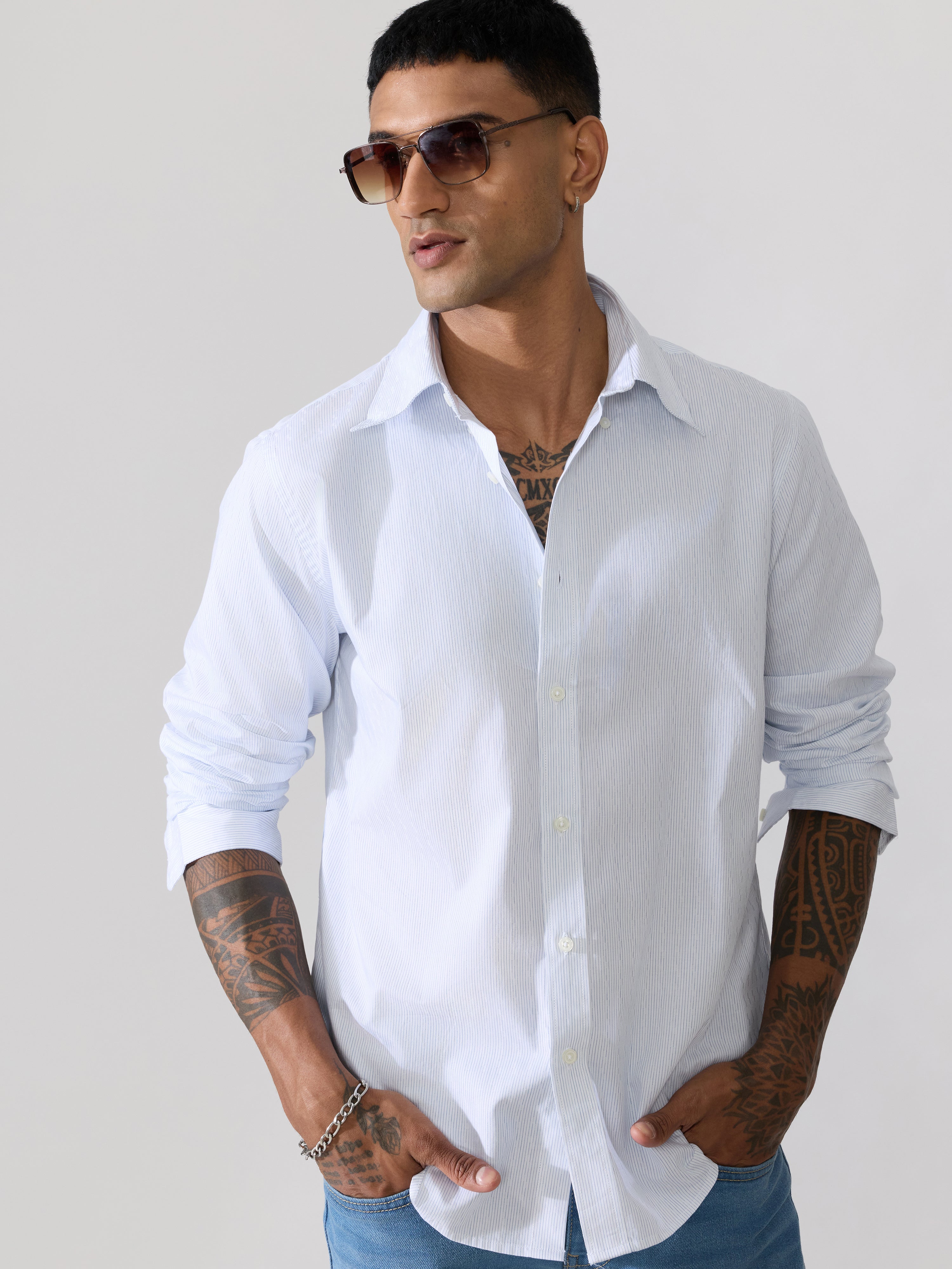 Erzela - Smart Fit Striped Shirt - Light Blue