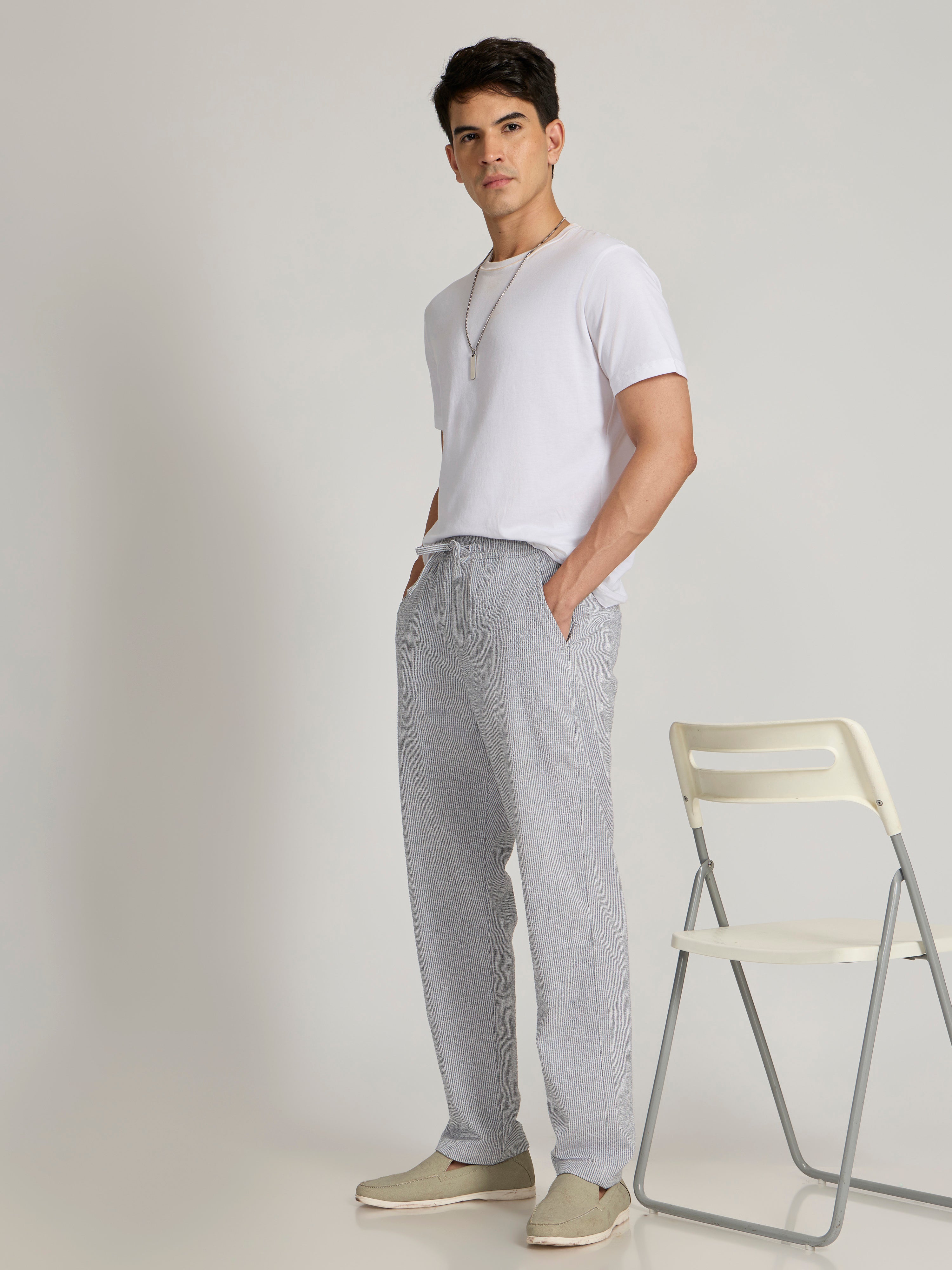 Corbin - Striped Seersucker Trousers - Grey