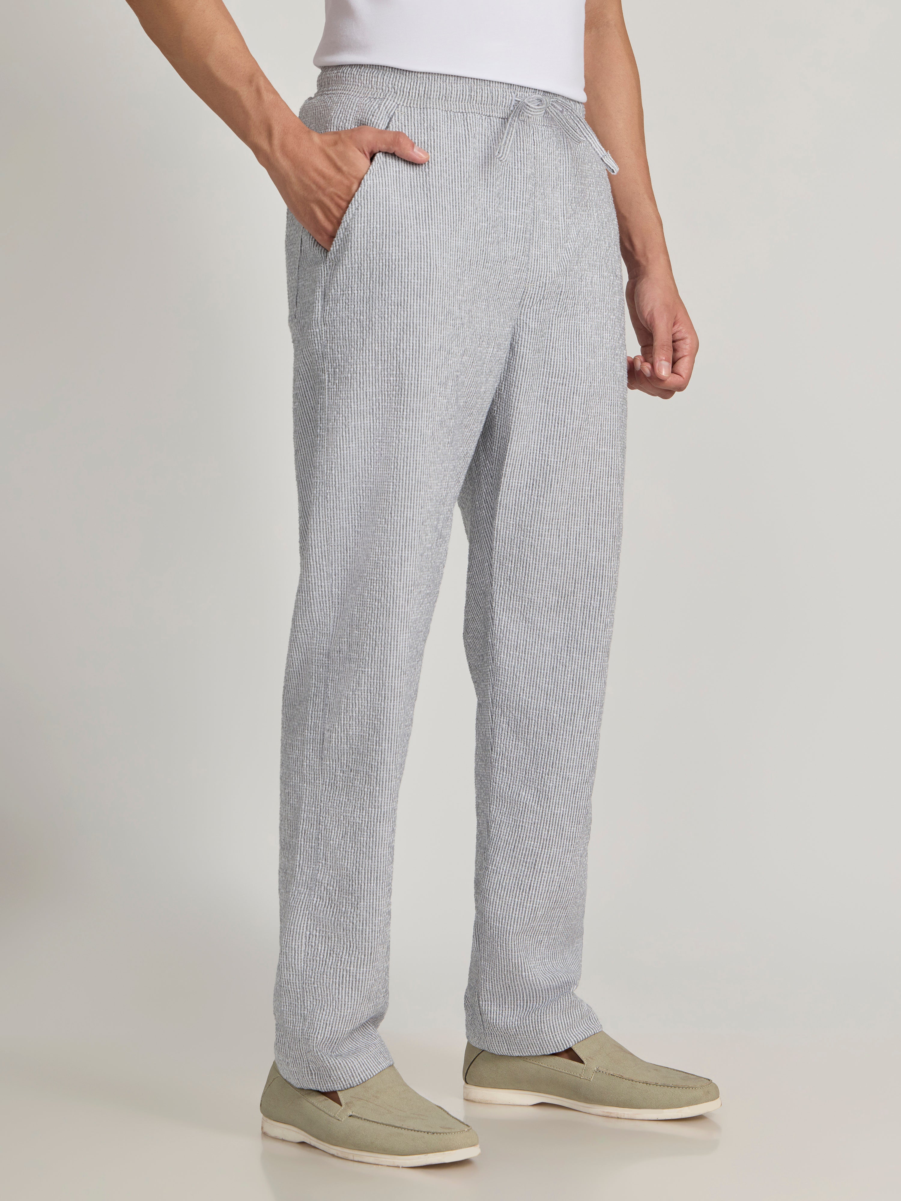 Corbin - Striped Seersucker Trousers - Grey