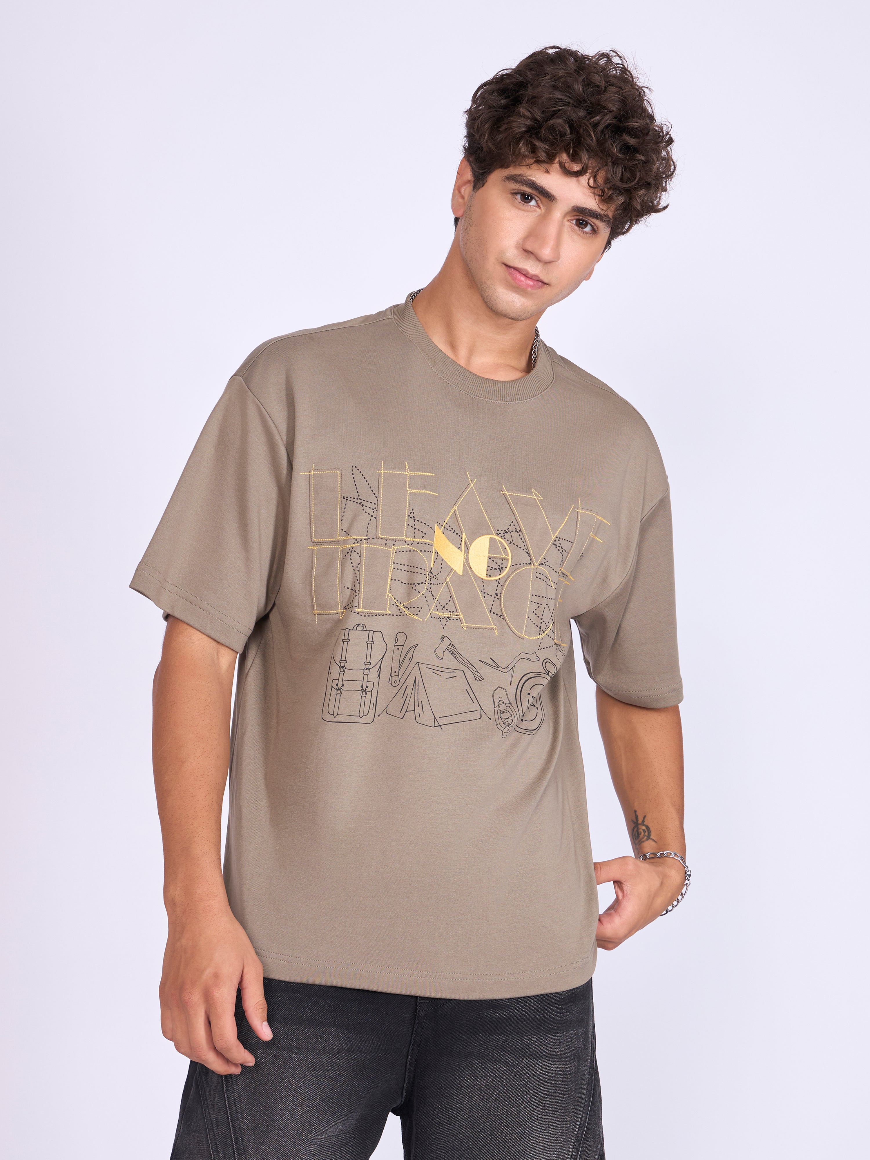 Trace - Leave No Trace Printed Loose Fit T-Shirt - Light Olive
