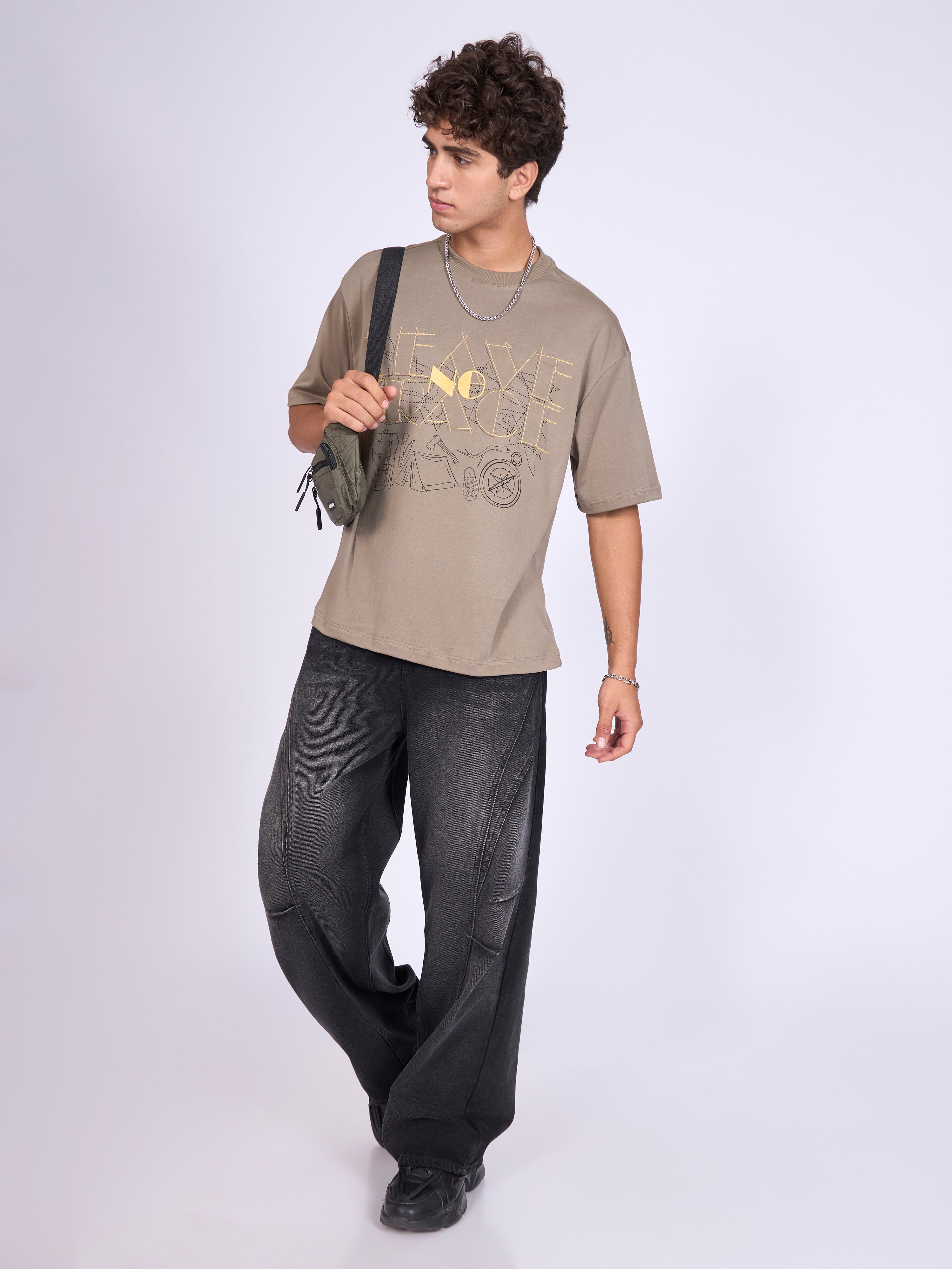 Trace - Leave No Trace Printed Loose Fit T-Shirt - Light Olive