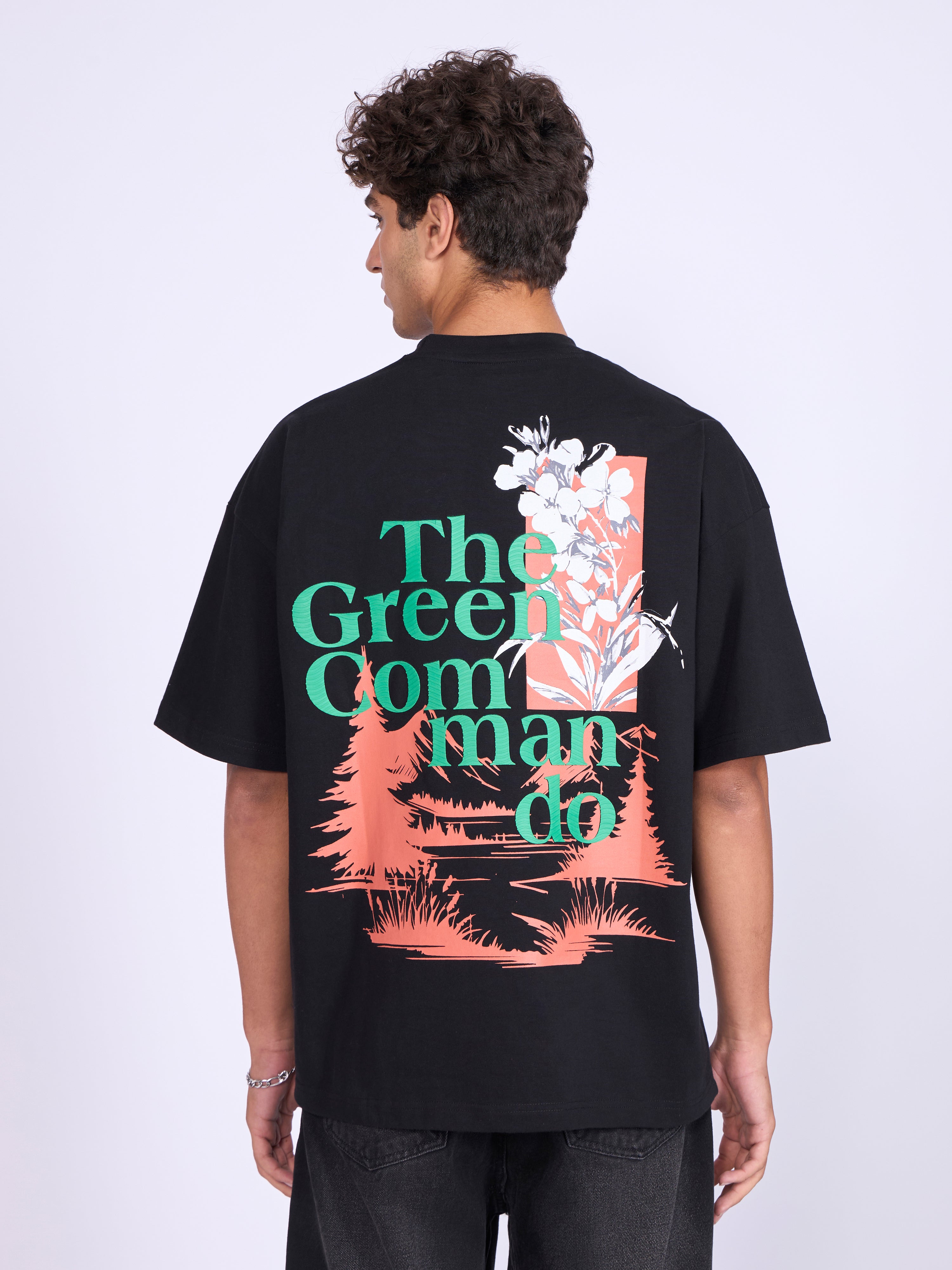 Everston - The Green Commando Printed Baggy T-Shirt - Black