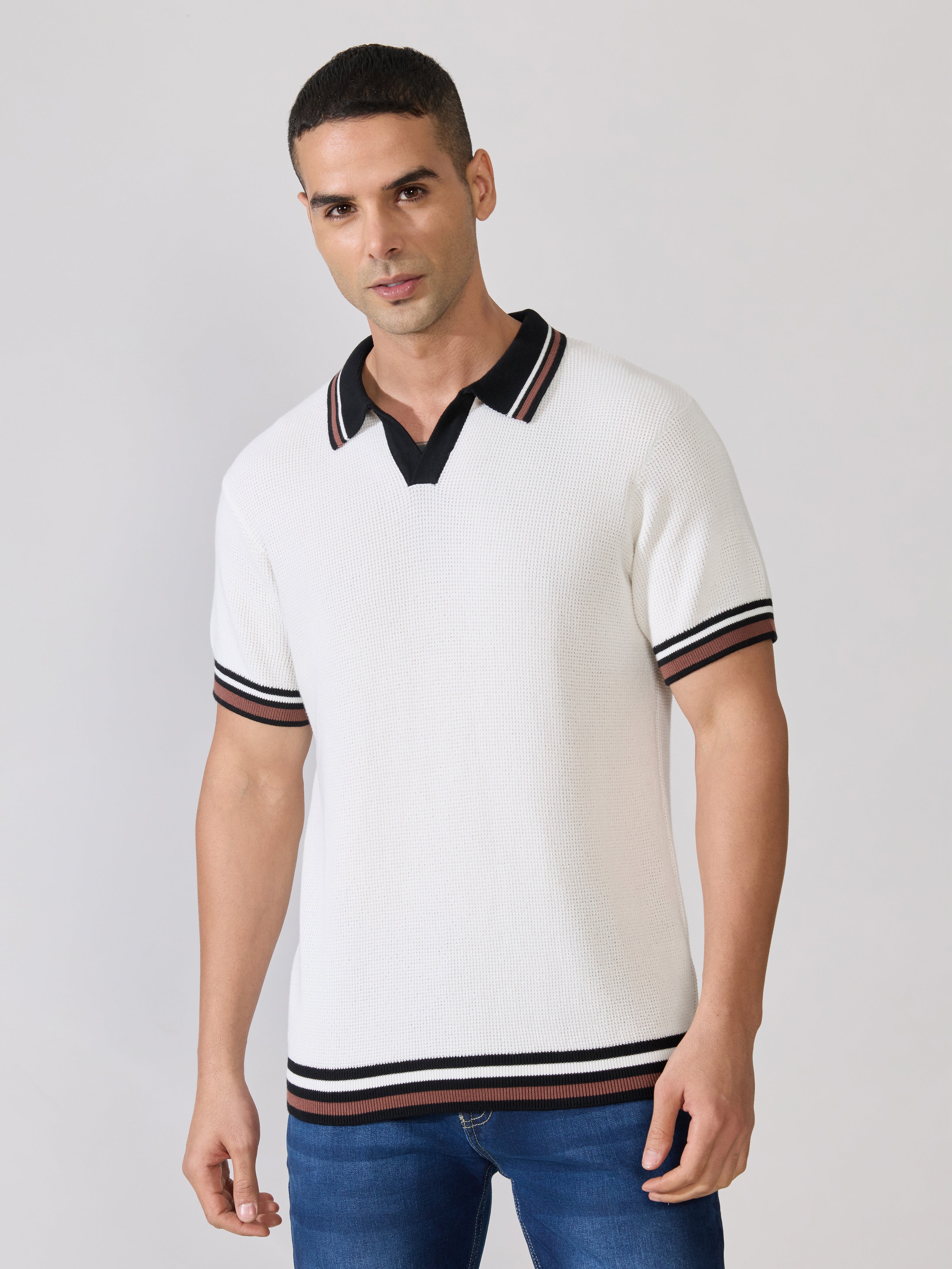 Kikeos-4 - Regular Fit Contrast Collar Knit Polo T-Shirt - White