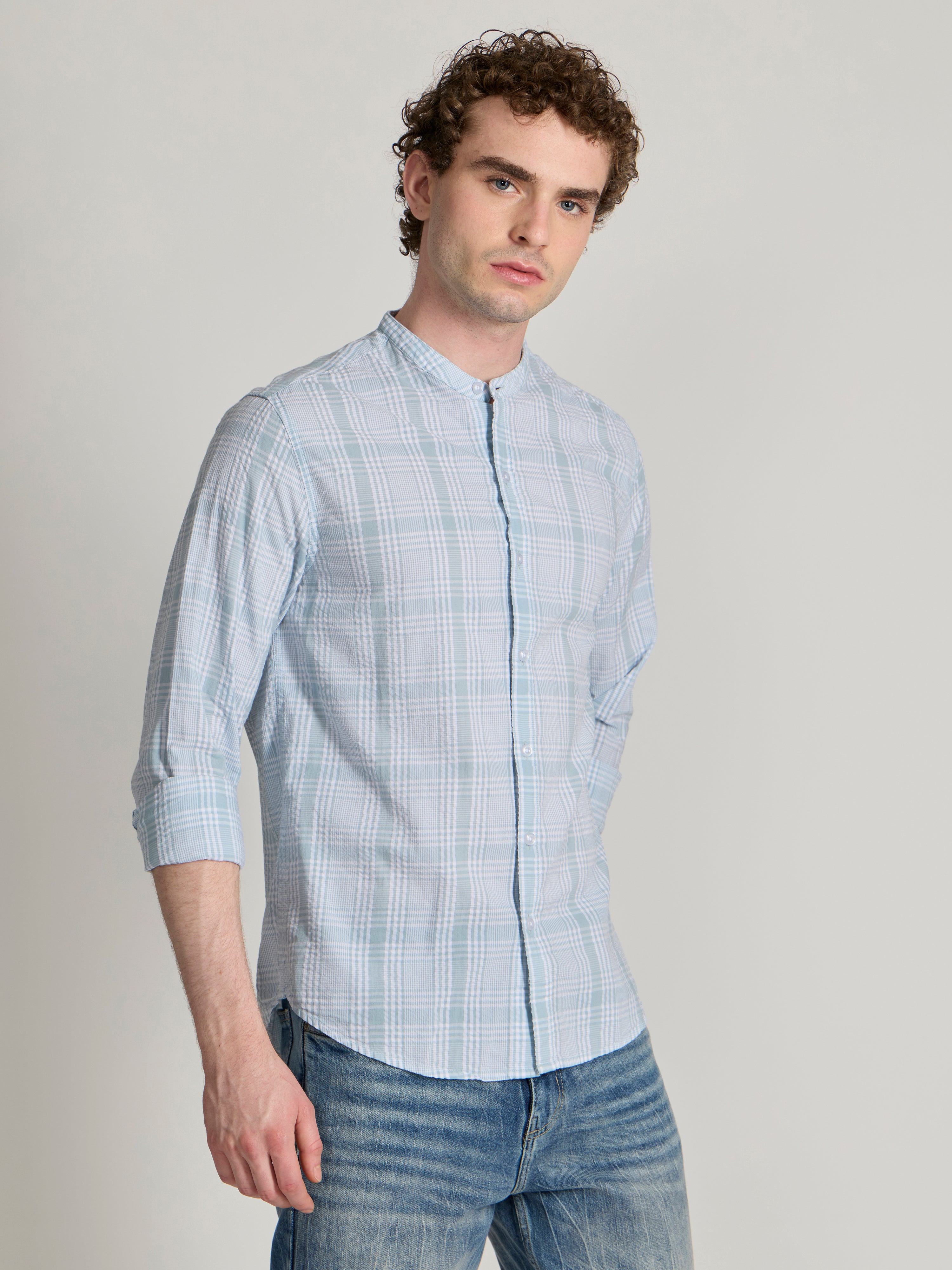 Hadrian - Band Collar Checks Shirt - Blue