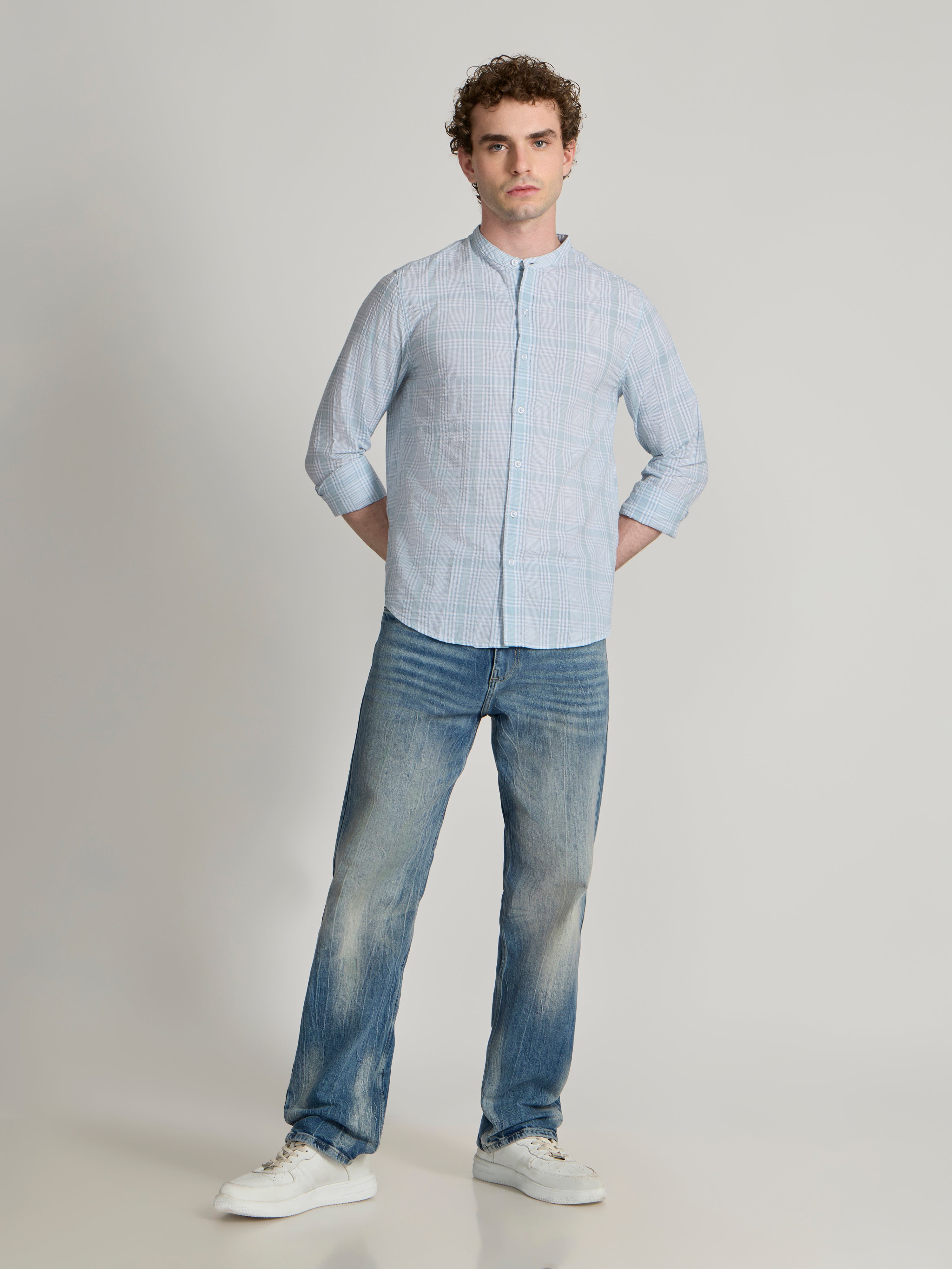 Hadrian - Band Collar Checks Shirt - Blue