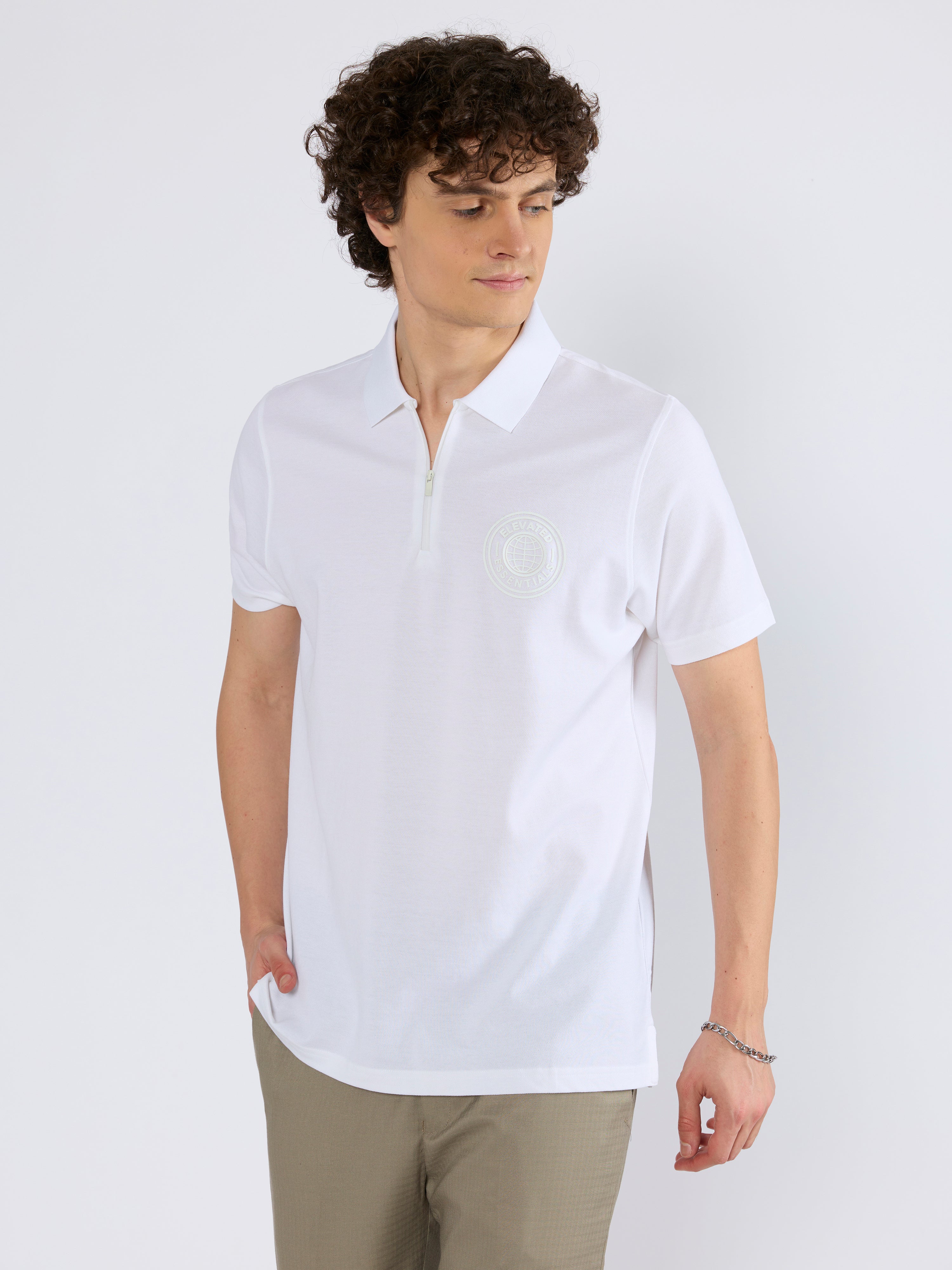 Yelitude - Solid Zipper Polo T-shirt - White
