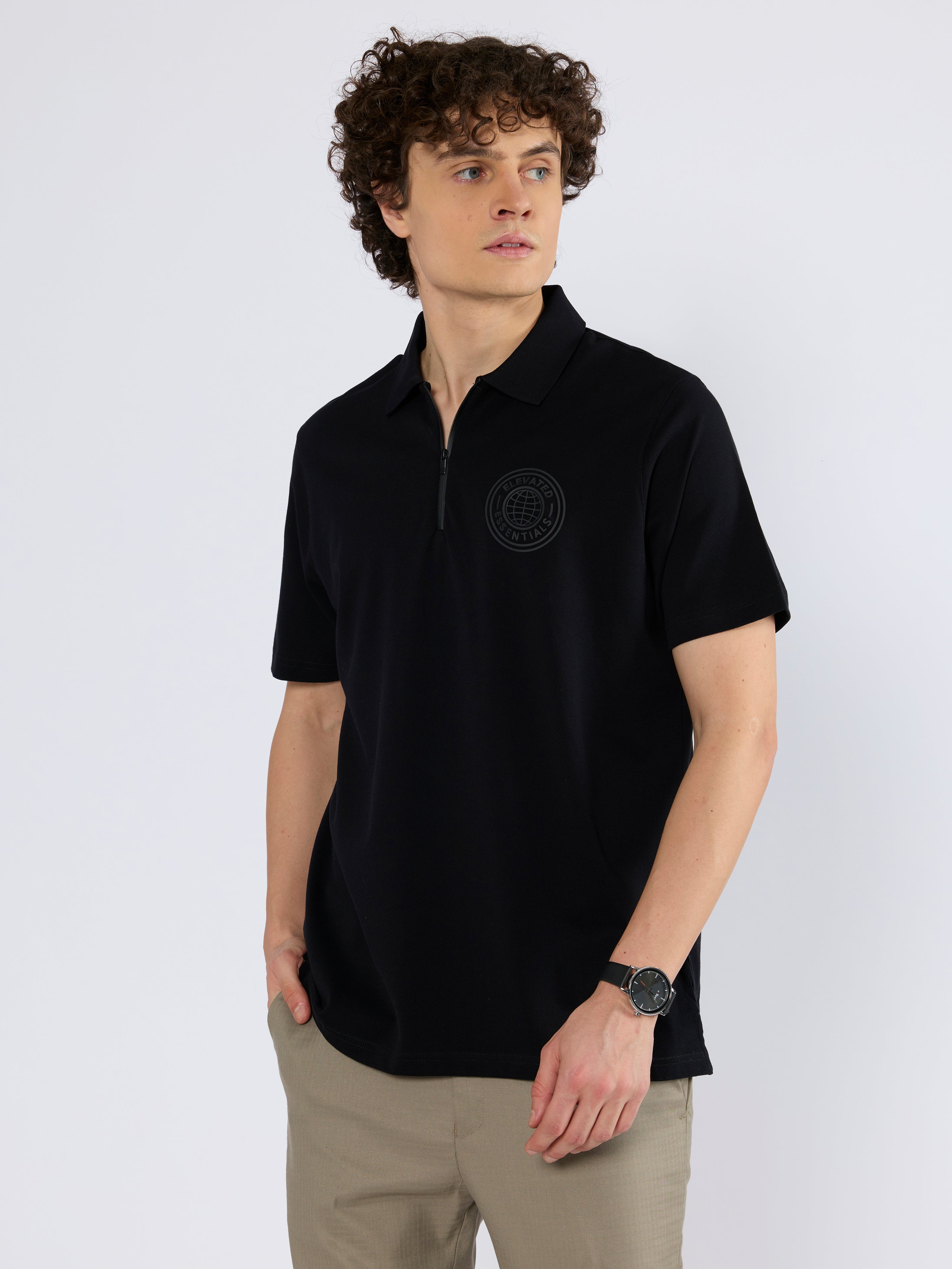Yelitude - Solid Zipper Polo T-shirt - Black
