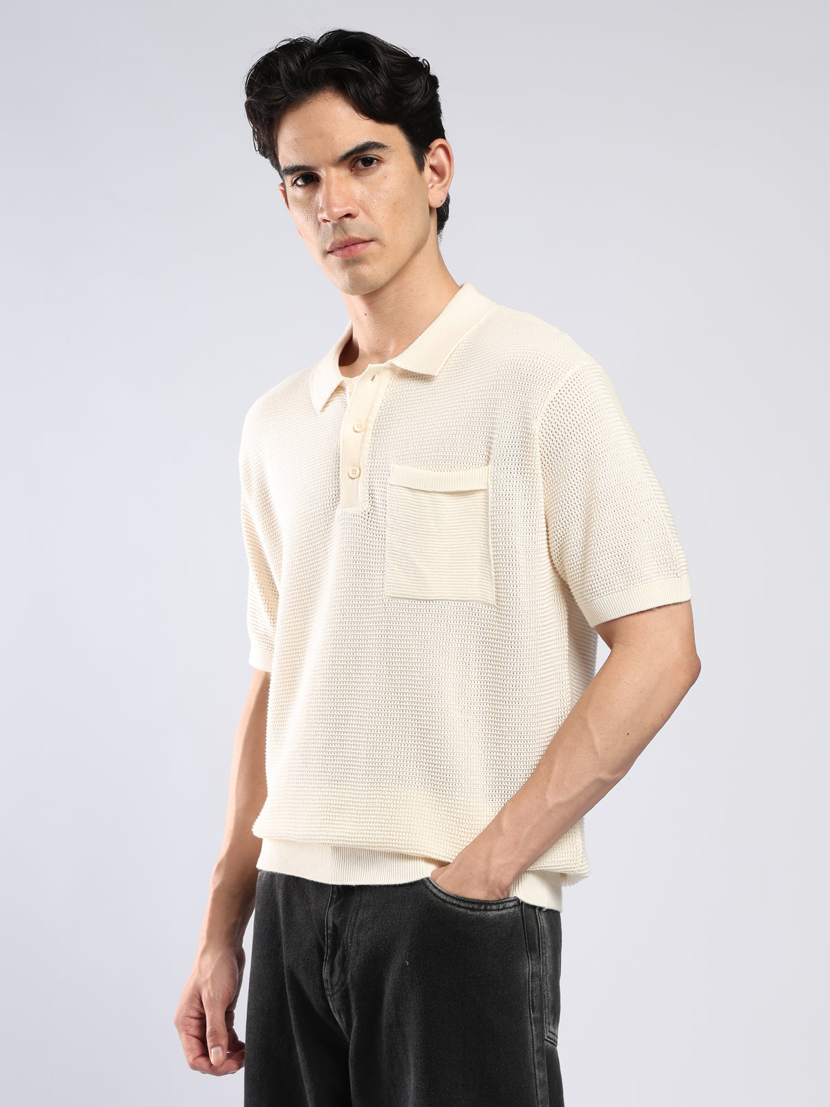 Sleek - Textured Knit Polo T-Shirt - Cream