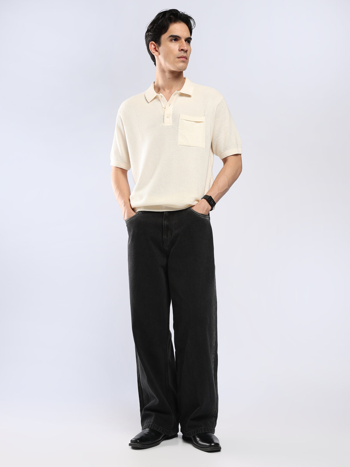 Sleek - Textured Knit Polo T-Shirt - Cream