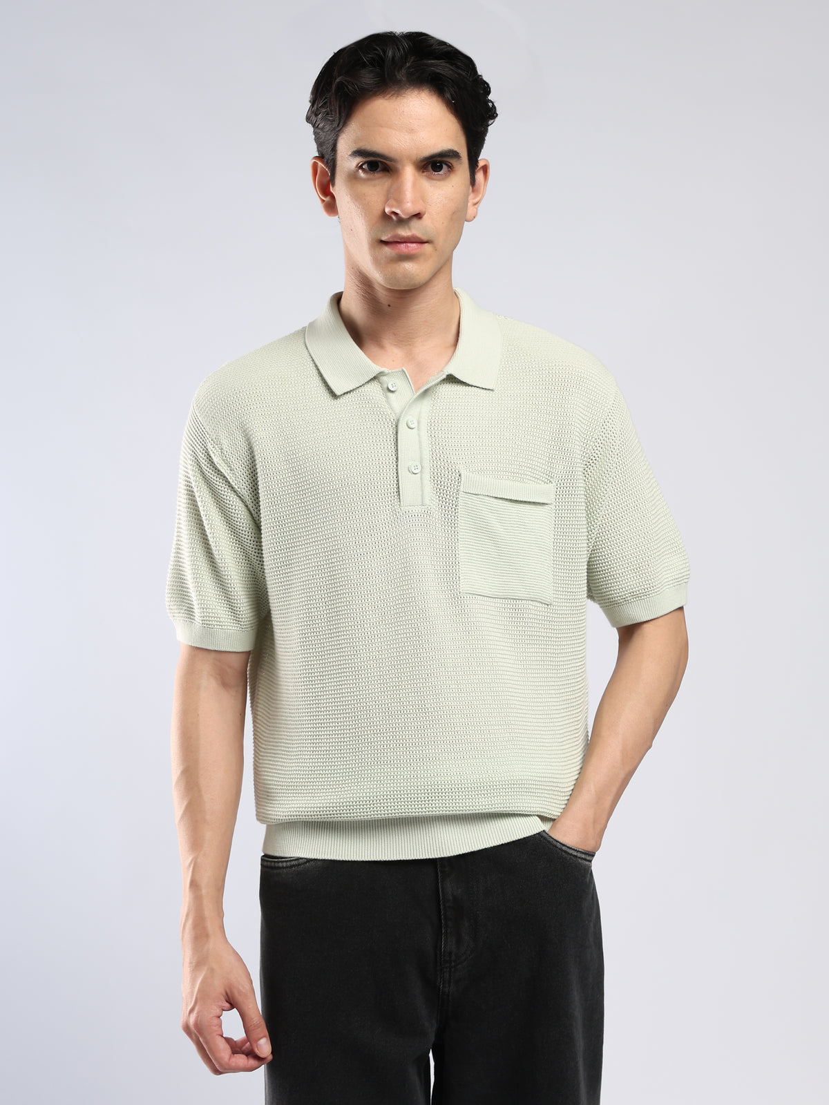 Sleek - Textured Knit Polo T-Shirt - Dusty Green