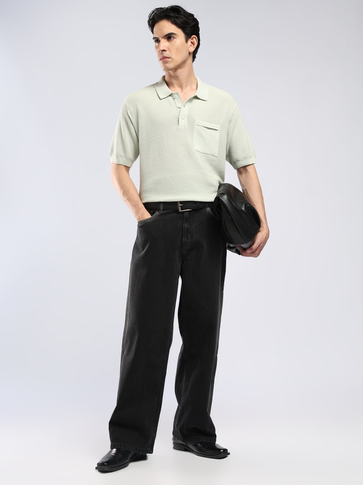 Sleek - Textured Knit Polo T-Shirt - Dusty Green