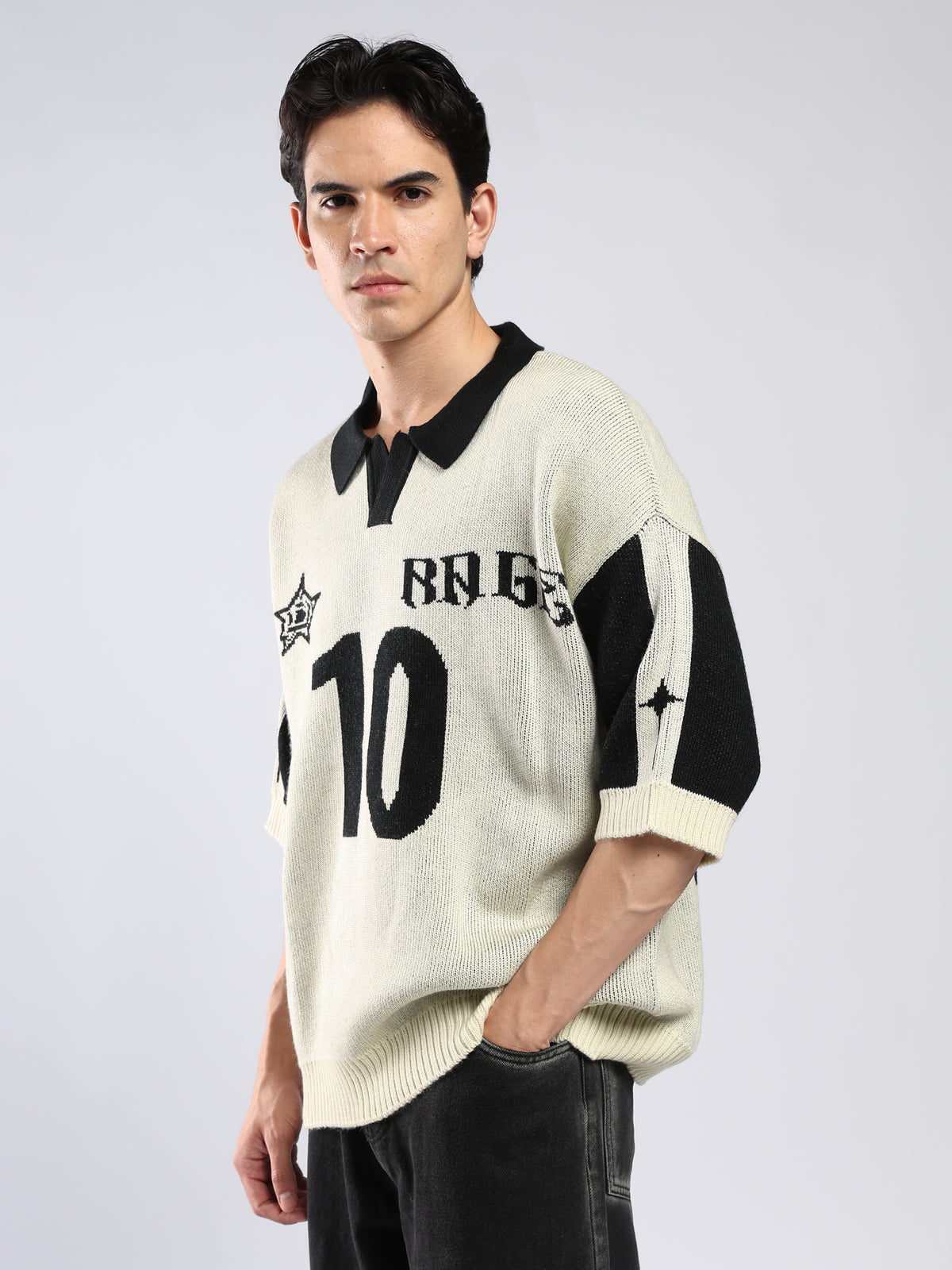 Goblin - Drop Shoulder Knited Polo T-Shirt - Cream