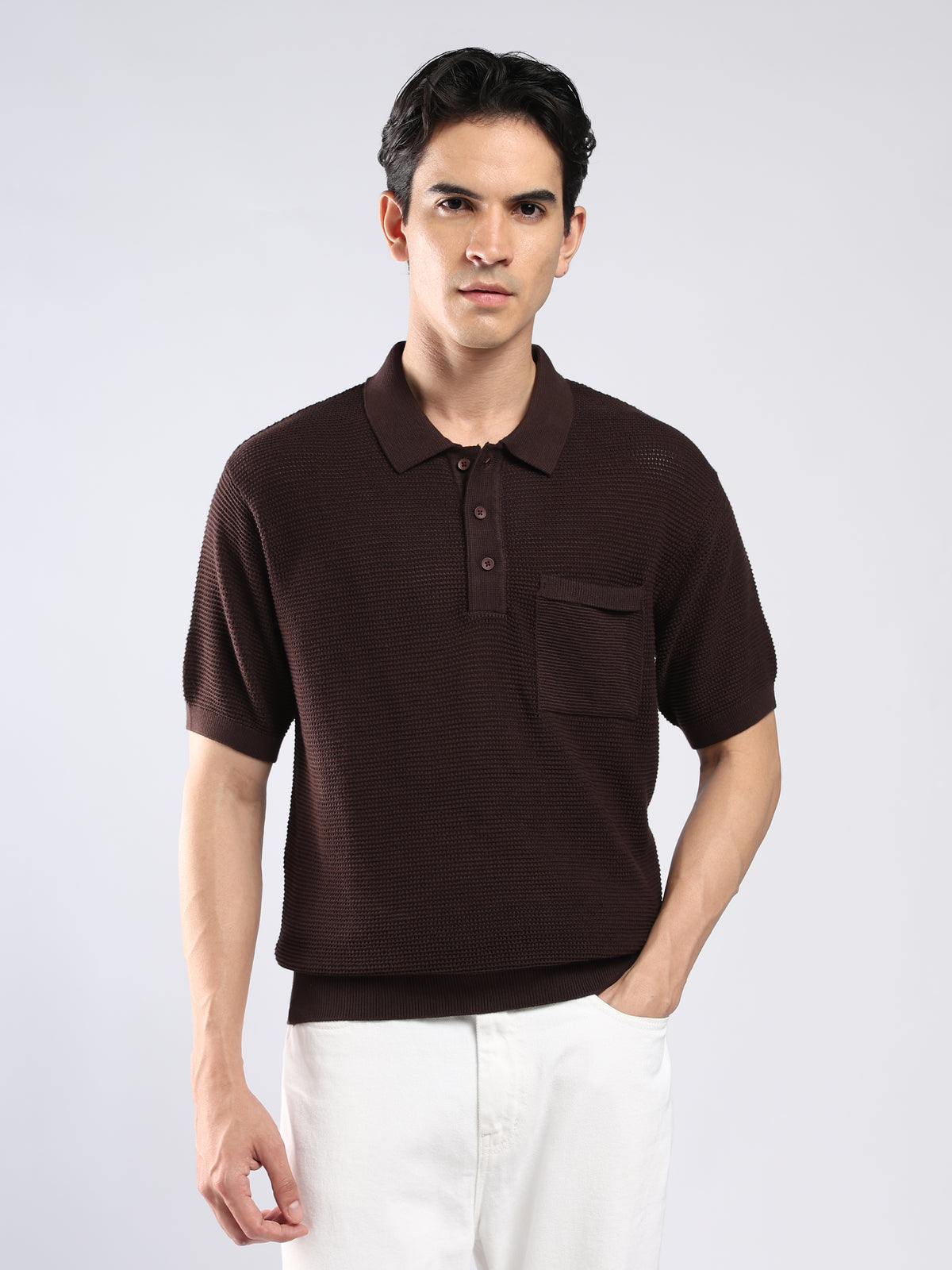 Sleek - Textured Knit Polo T-Shirt - Dark Brown