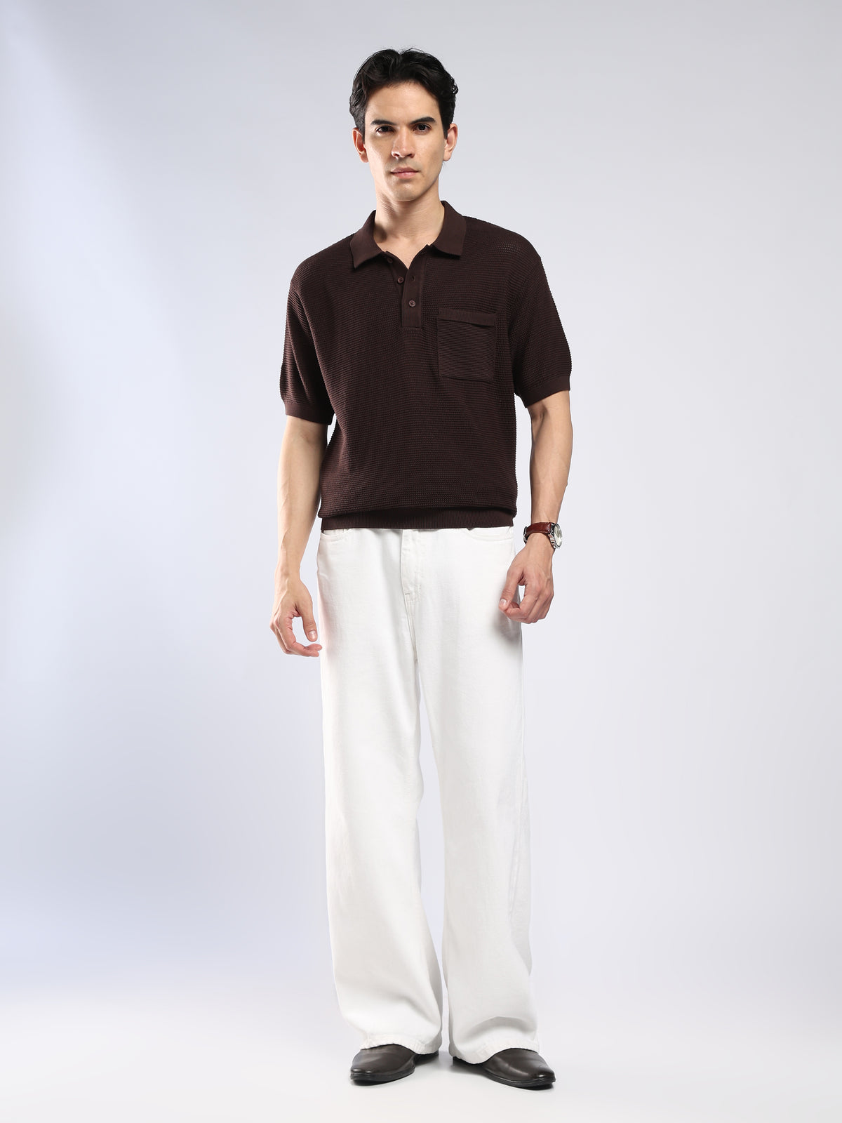 Sleek - Textured Knit Polo T-Shirt - Dark Brown