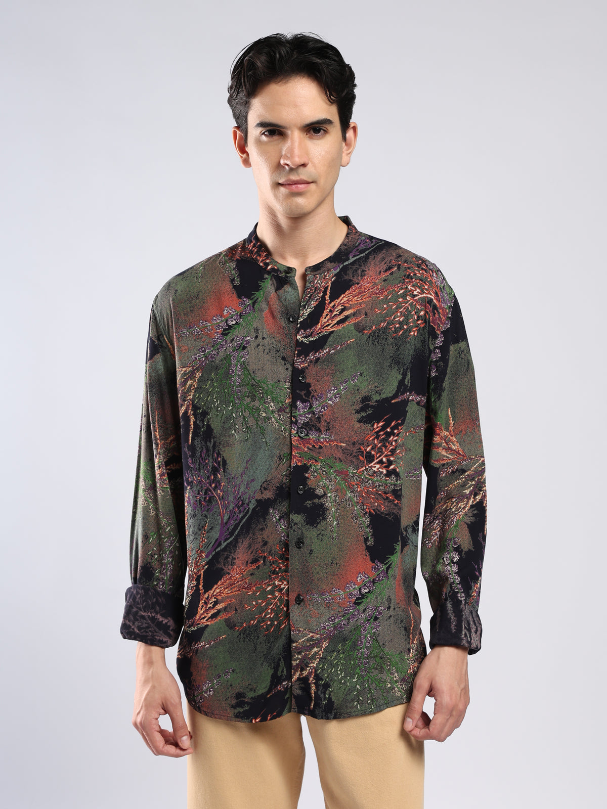 Xisoni - Abstract Printed Mandarin Collar Shirt - Black