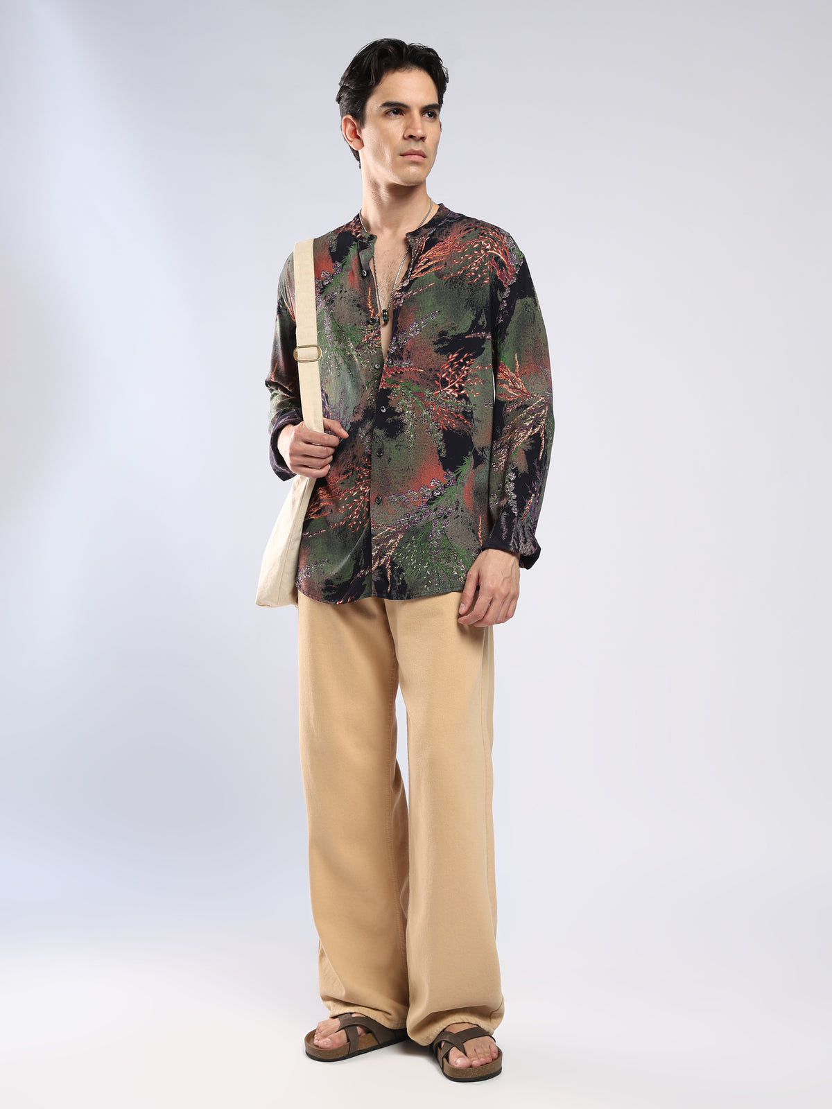 Xisoni - Abstract Printed Mandarin Collar Shirt - Black