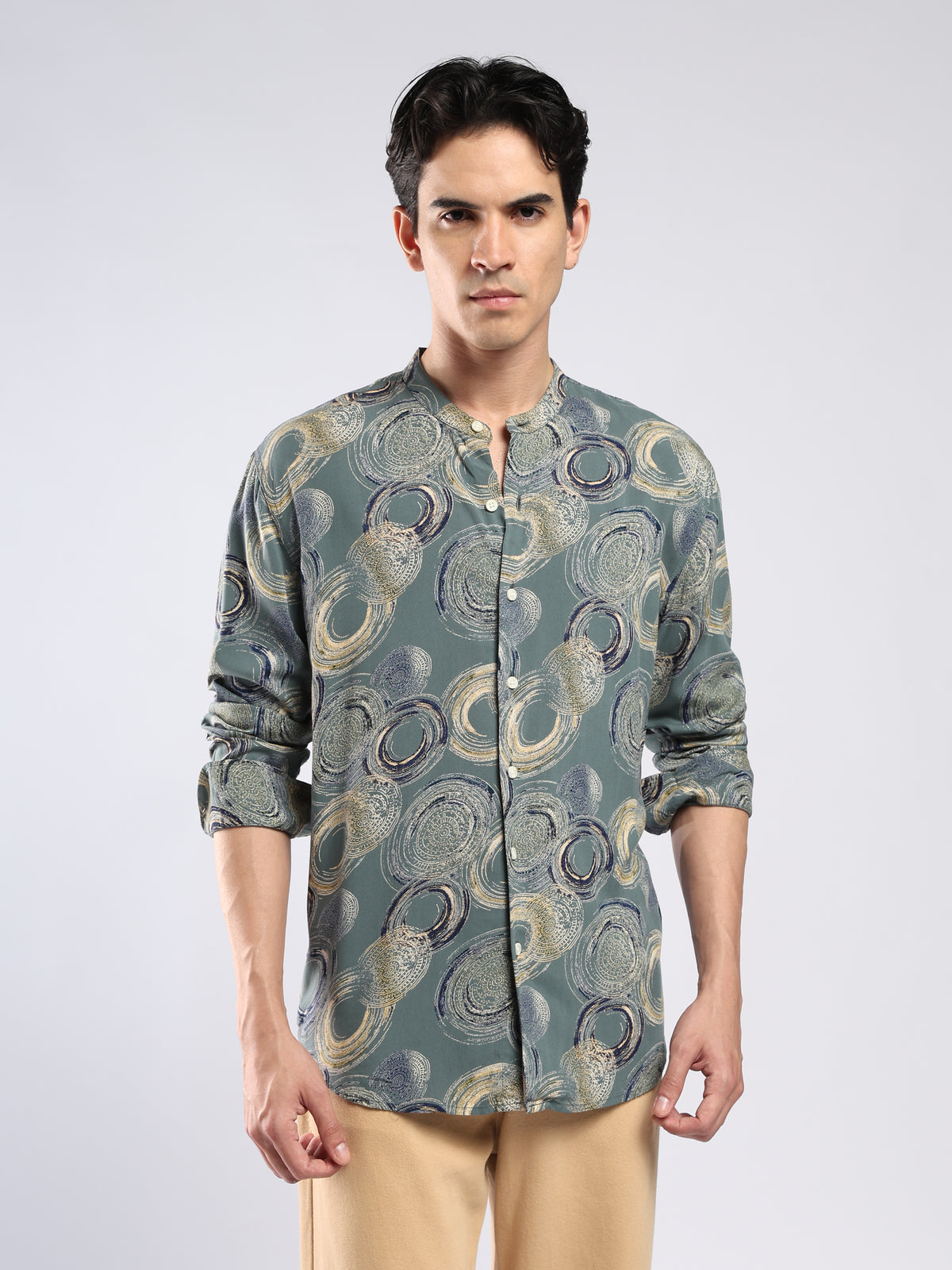 Xisoni - Abstract Printed Mandarin Collar Shirt - Slate Green