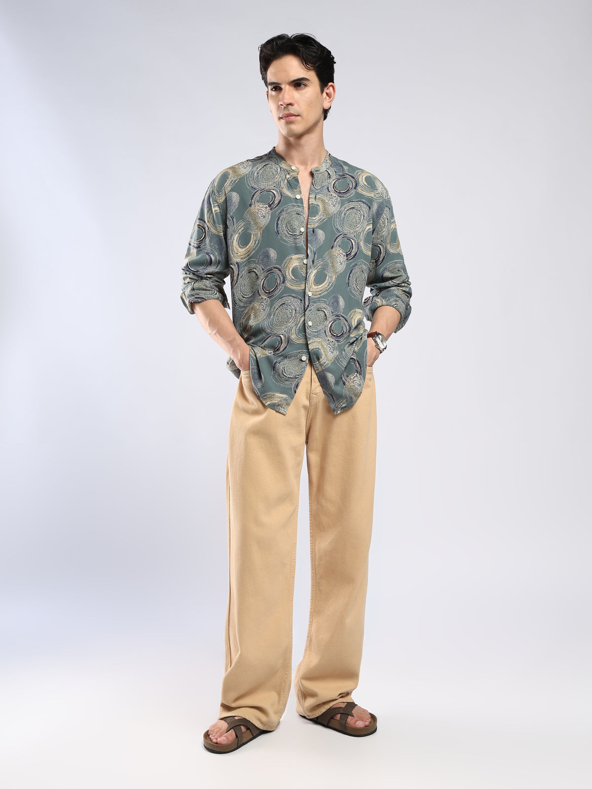 Xisoni - Abstract Printed Mandarin Collar Shirt - Slate Green