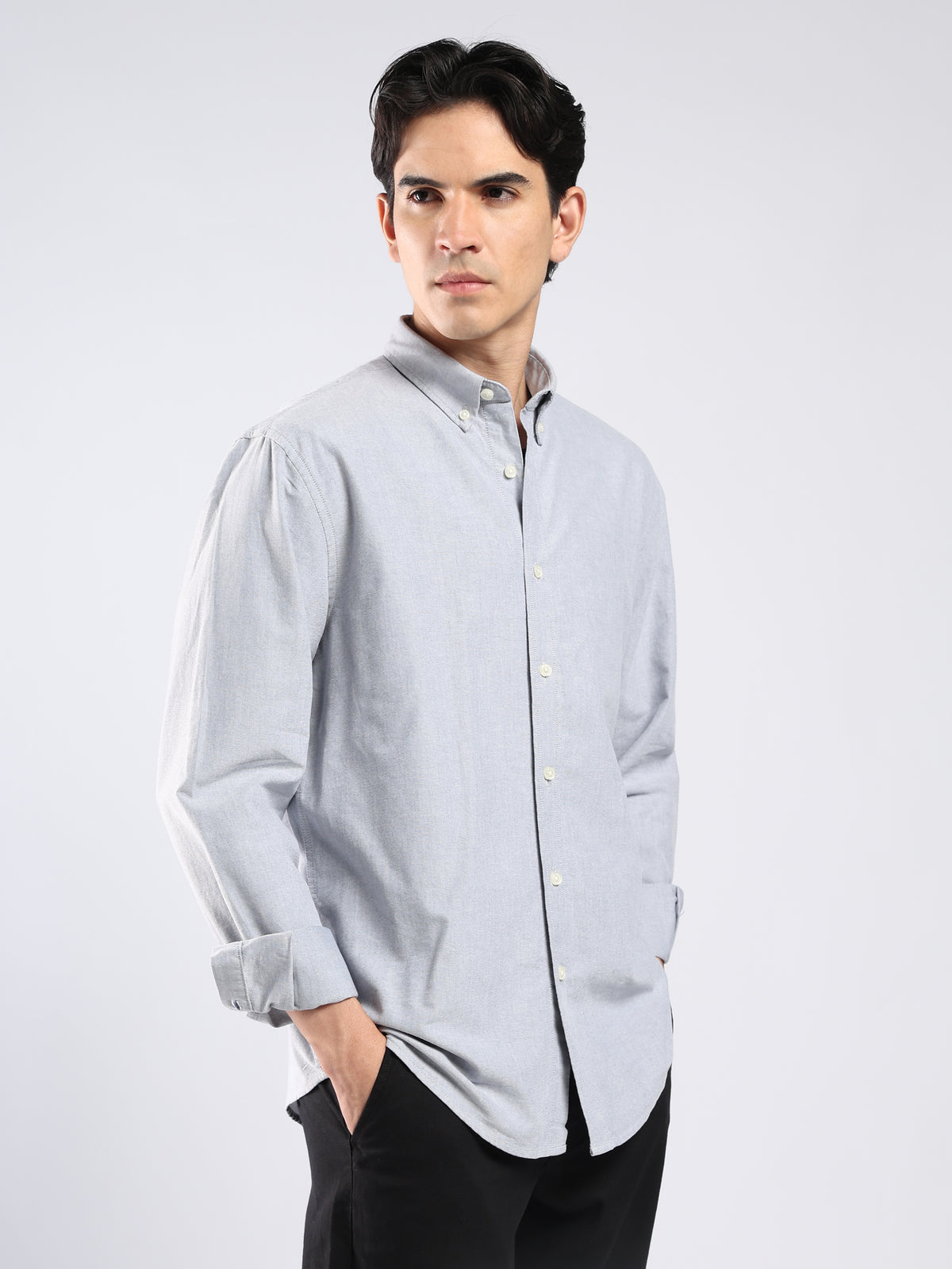 Cove -  Relaxed Fit Yarn Dyed Oxford Shirt  - Light Grey