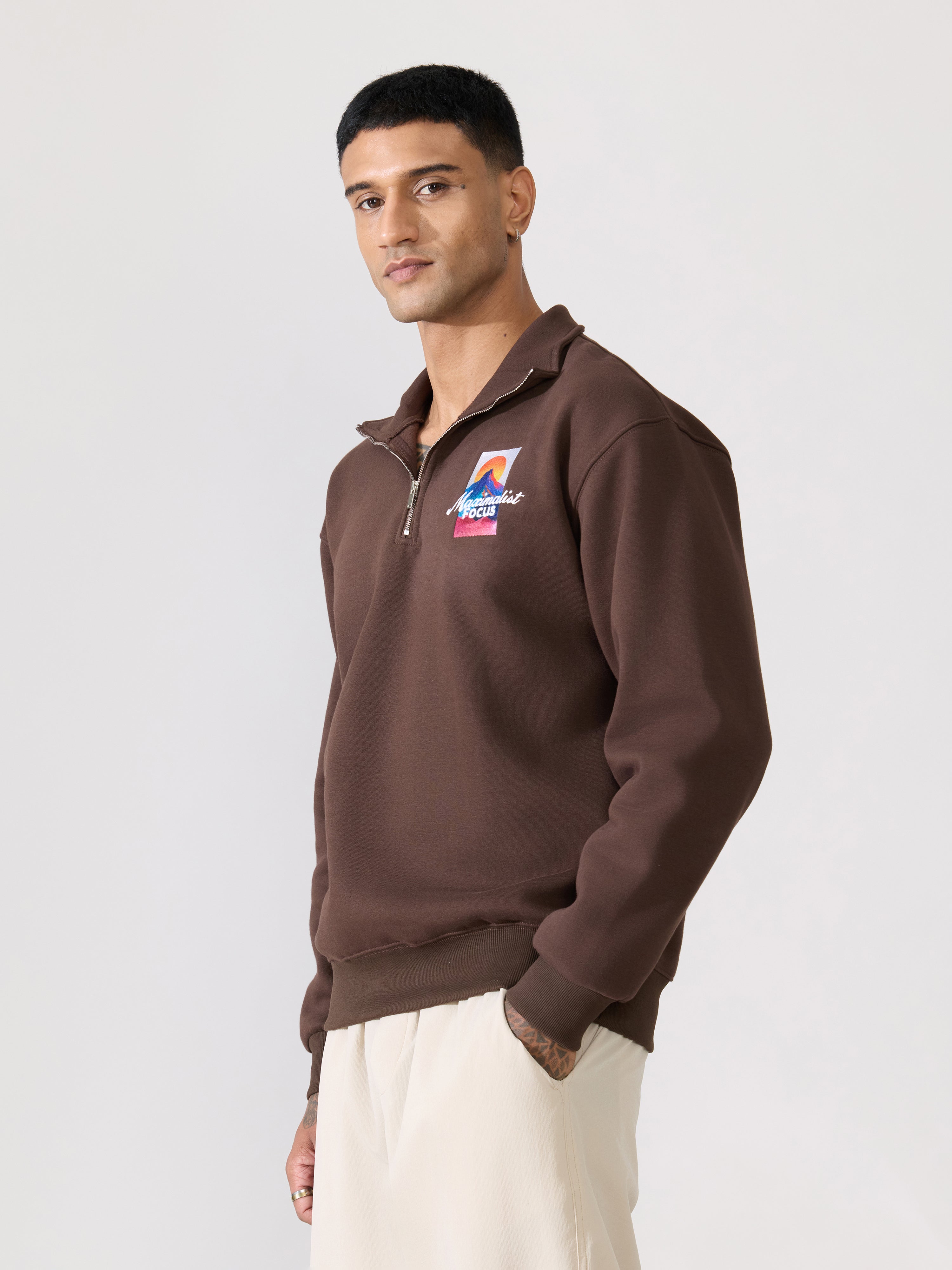 Zelios - Dark Brown Adventure Graphic Half-Zip Sweatshirt