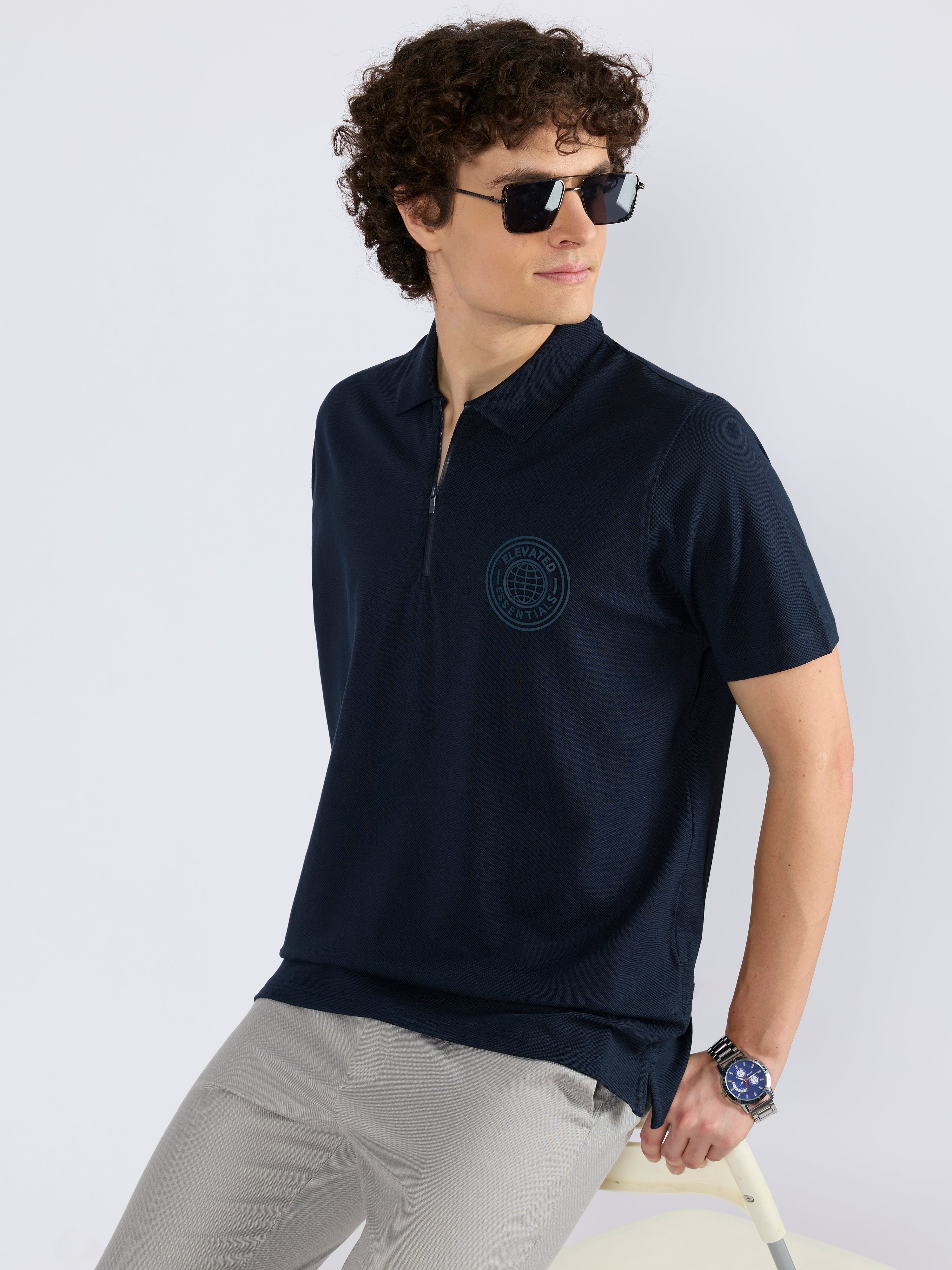 Yelitude - Solid Zipper Polo T-shirt - Navy Blue