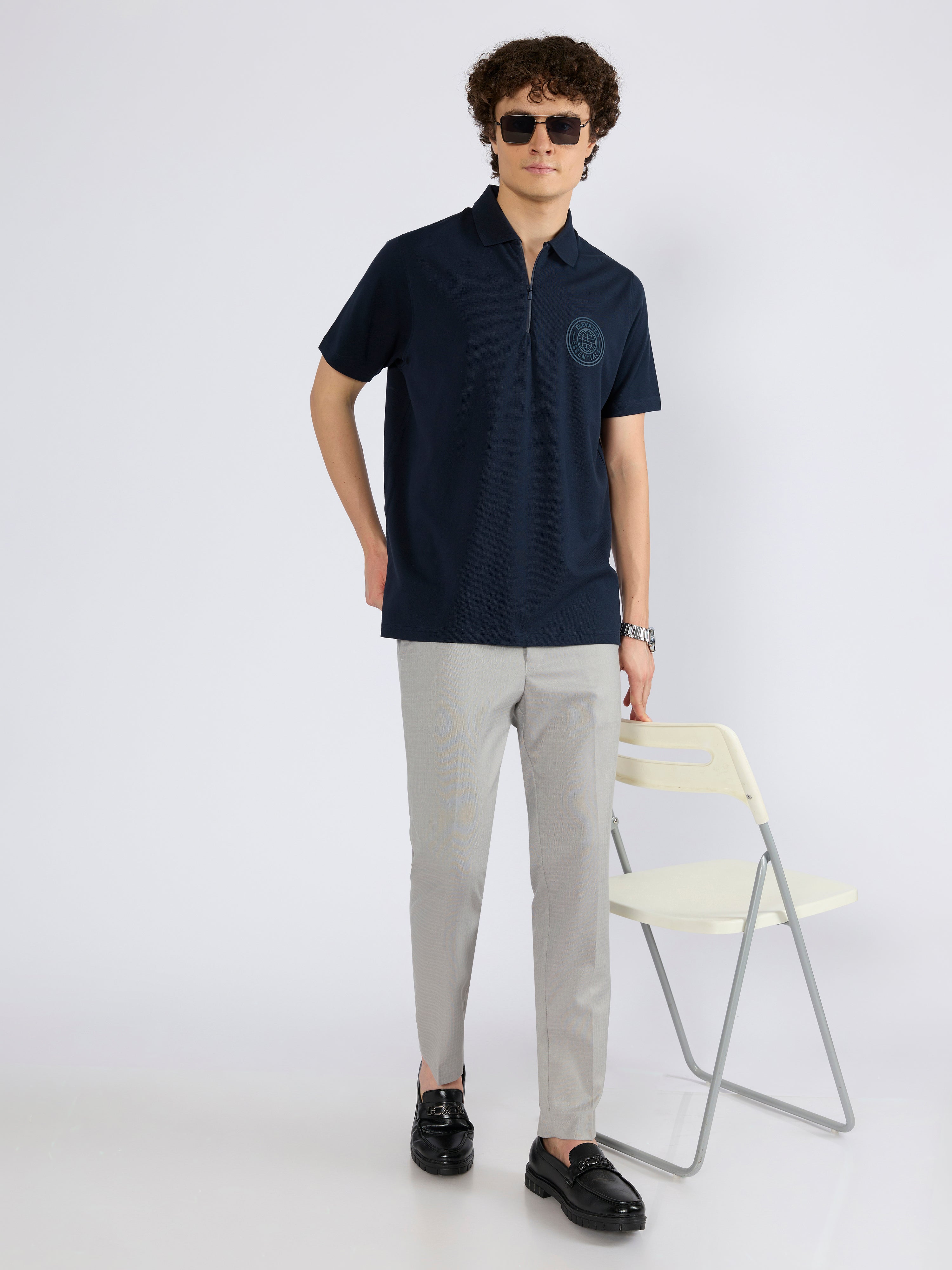 Yelitude - Solid Zipper Polo T-shirt - Navy Blue