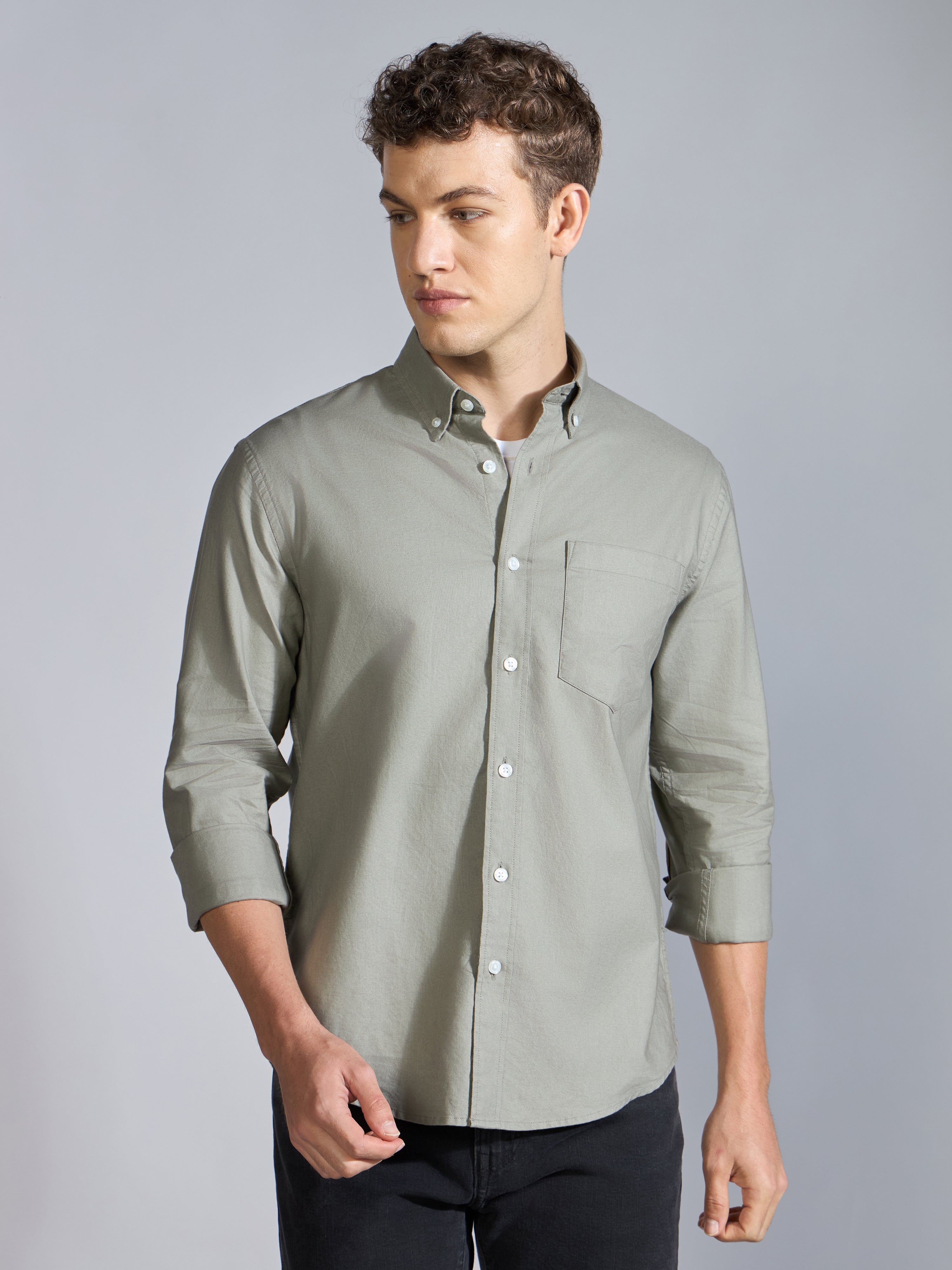 Orbit -  Relaxed Fit Oxford Shirt With Elbow Patch - Sage Green