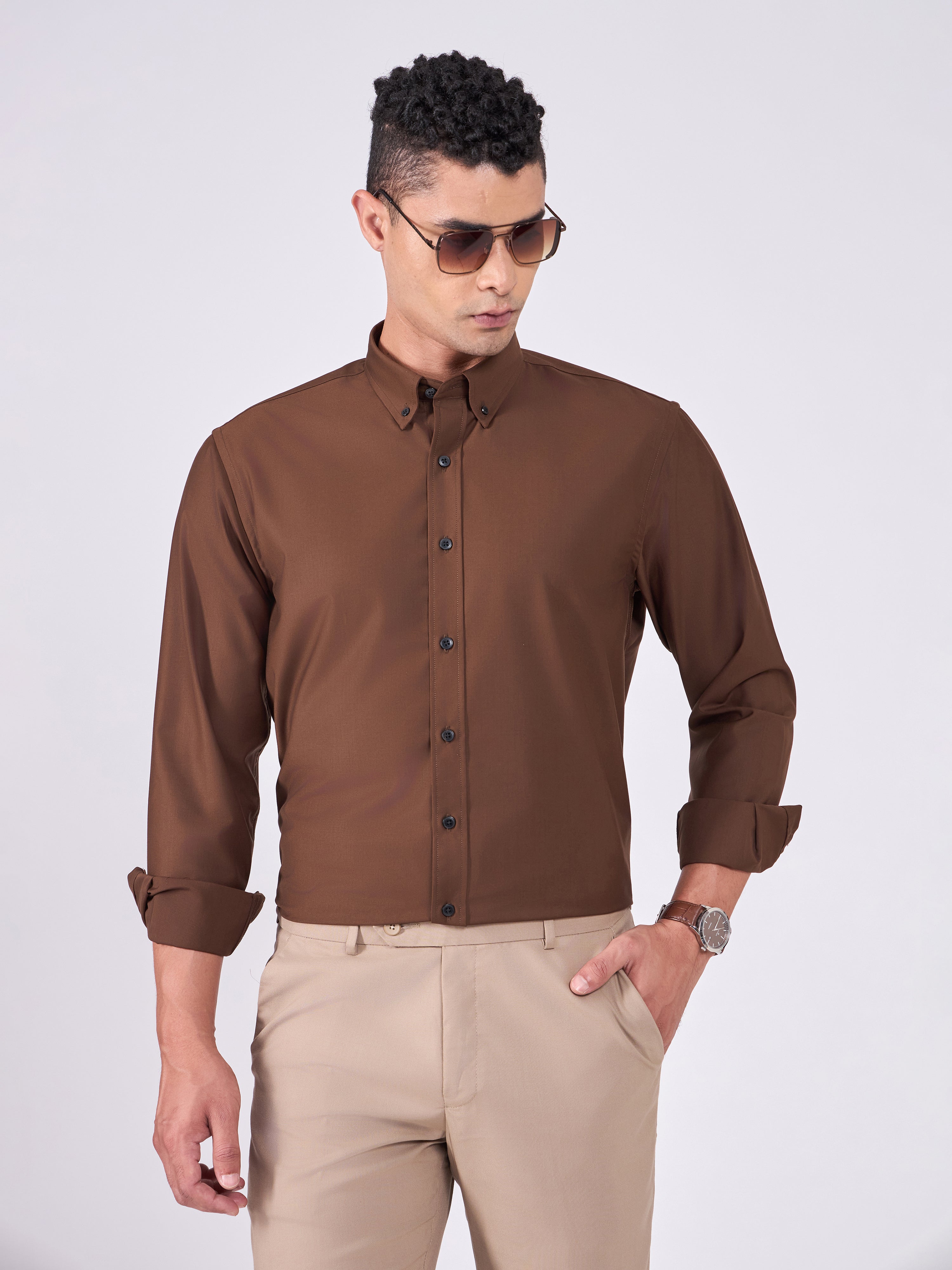 Orville - Tencel Plain Shirt - Brown