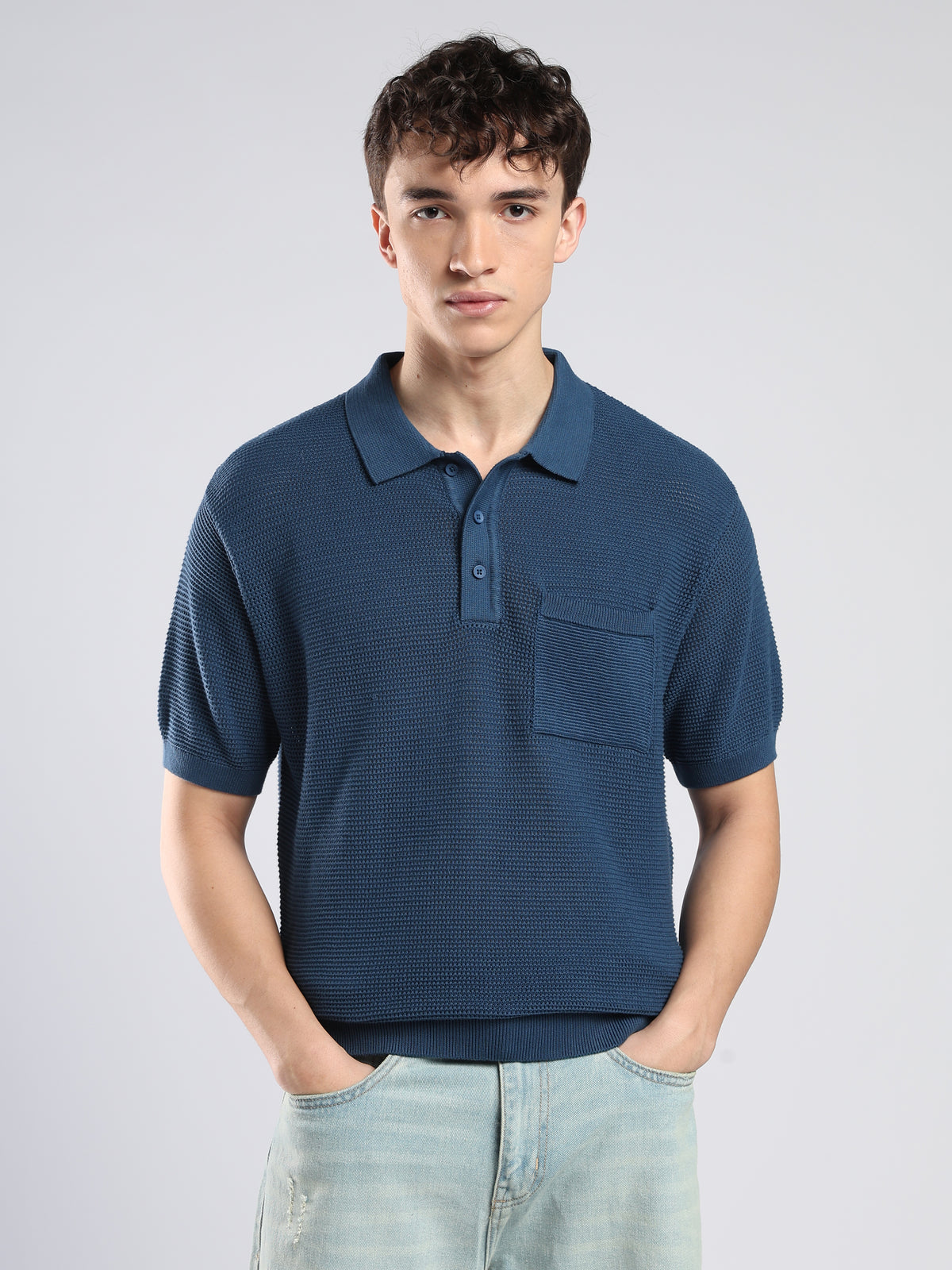 Sleek - Textured Knit Polo T-Shirt - Petrol Blue