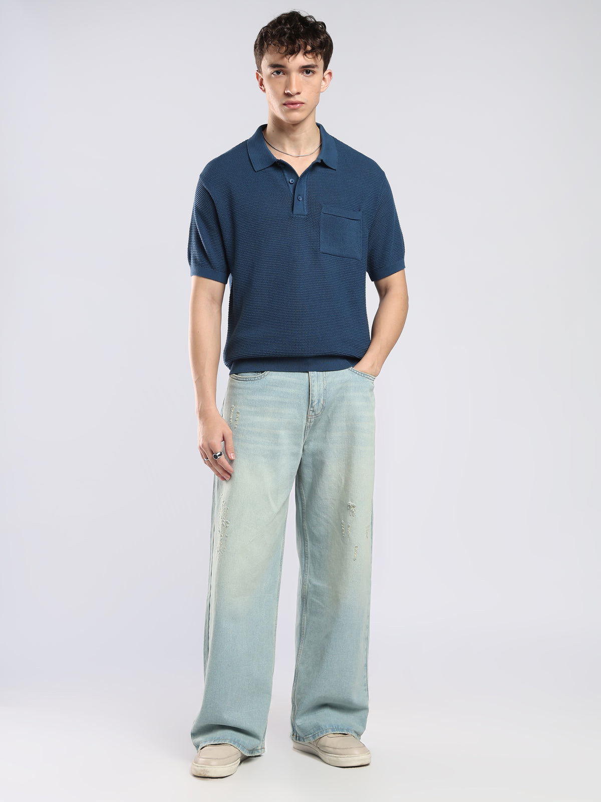 Sleek - Textured Knit Polo T-Shirt - Petrol Blue