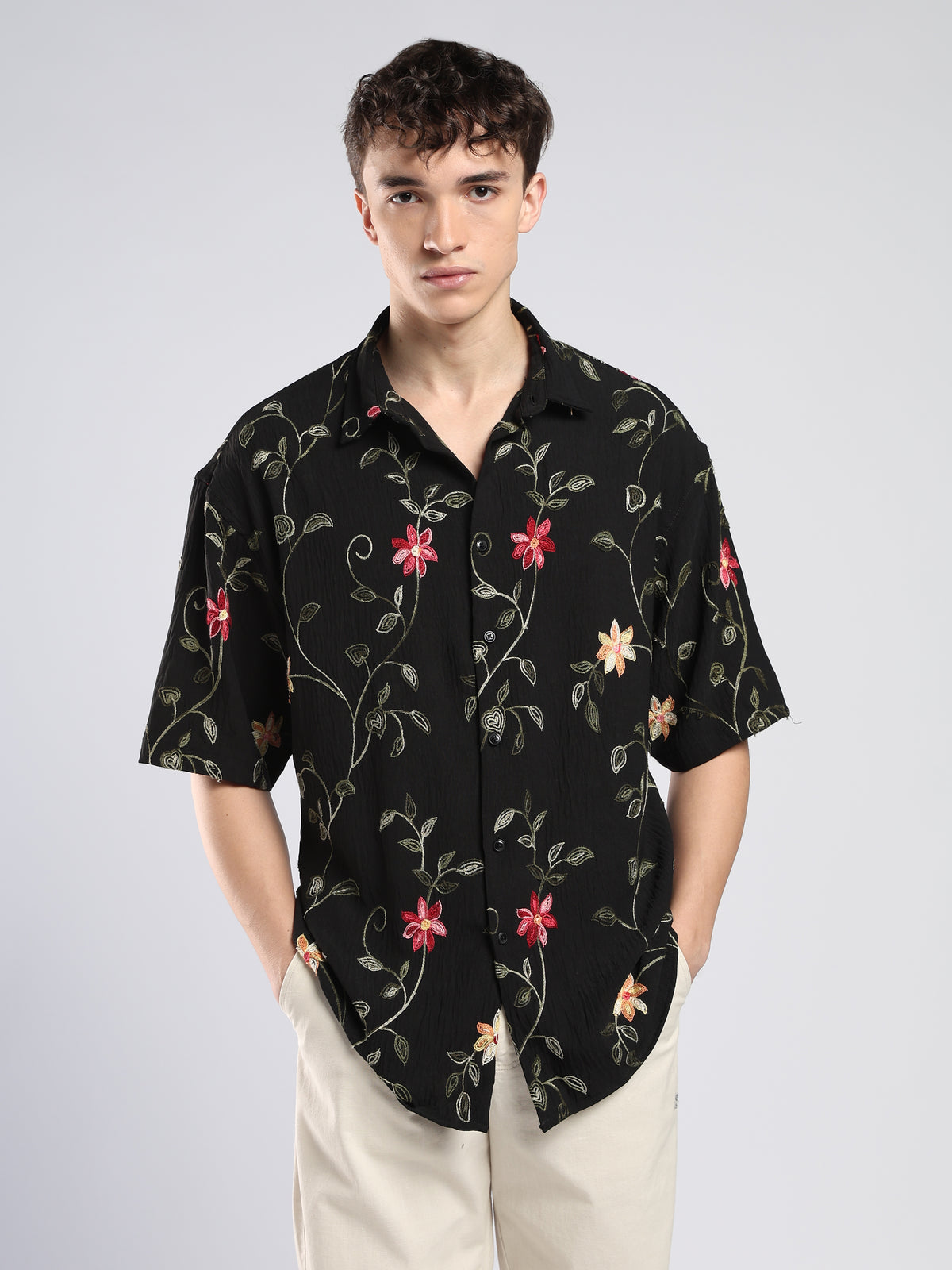 Bopha - Floral Embroidery Half Sleeve Shirt - Black