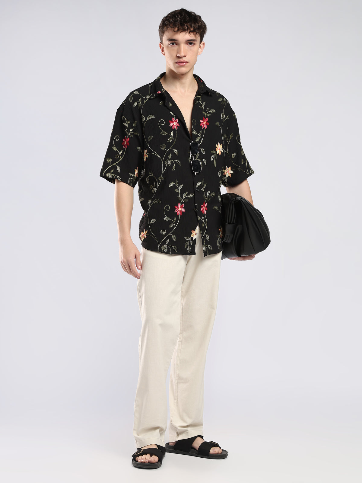 Bopha - Floral Embroidery Half Sleeve Shirt - Black