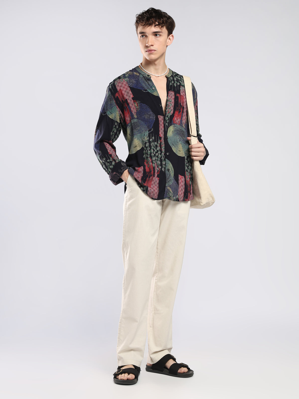 Xisoni - Abstract Printed Mandarin Collar Shirt - Navy Blue