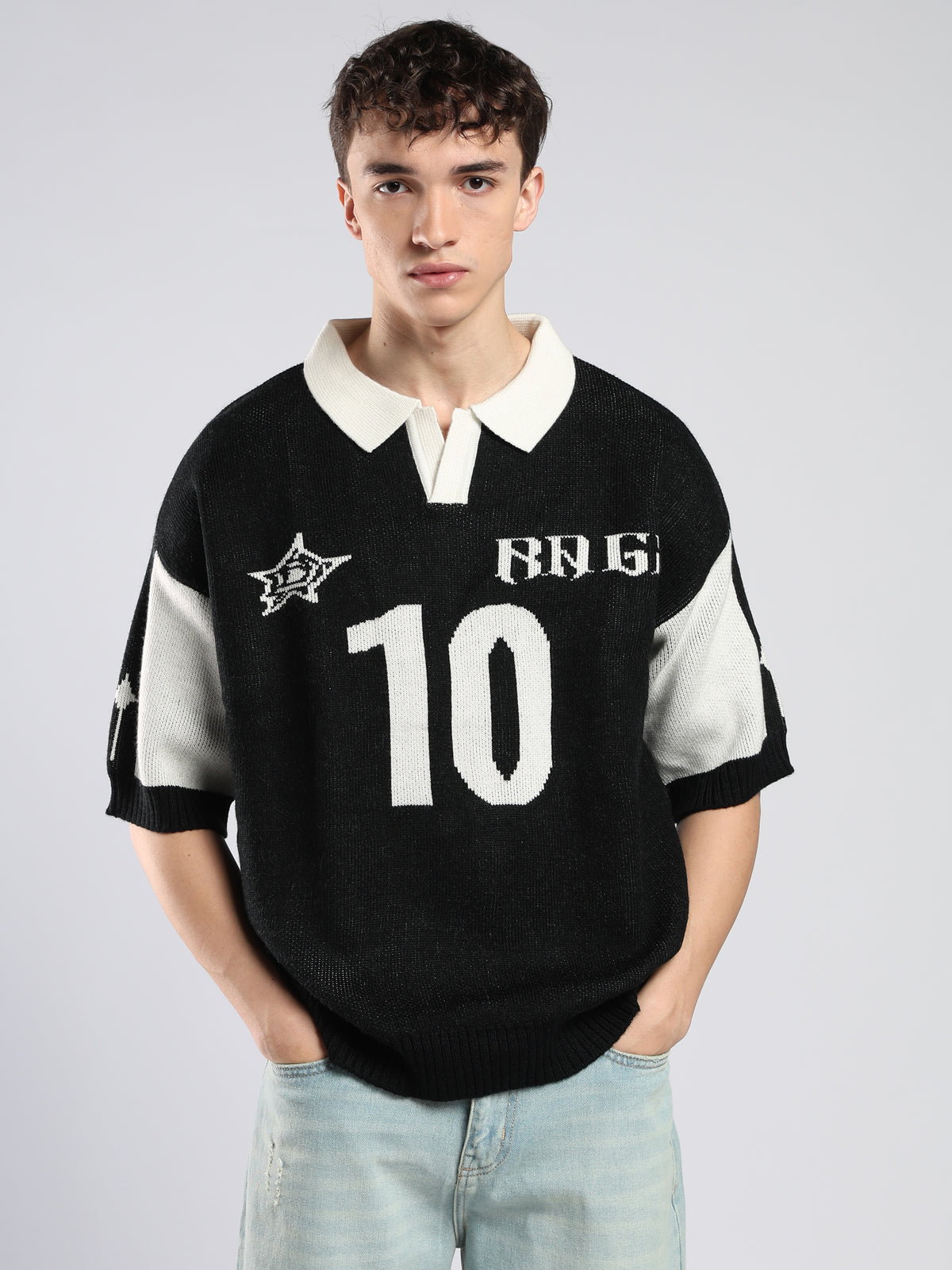Goblin - Drop Shoulder Knited Polo T-Shirt - Black