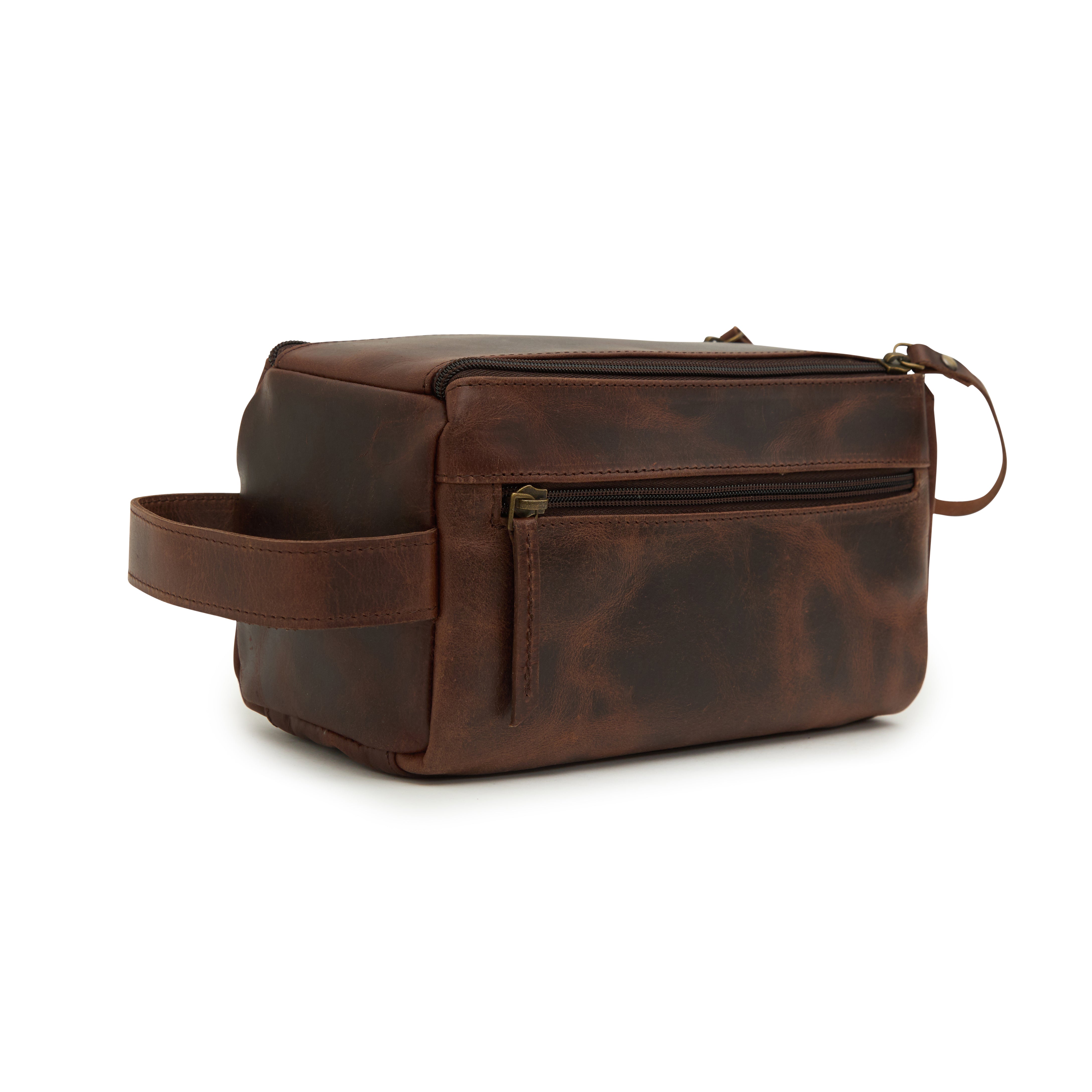 Godfrey - Leather Retro Dual Zipper Toiletry Bag - Brown