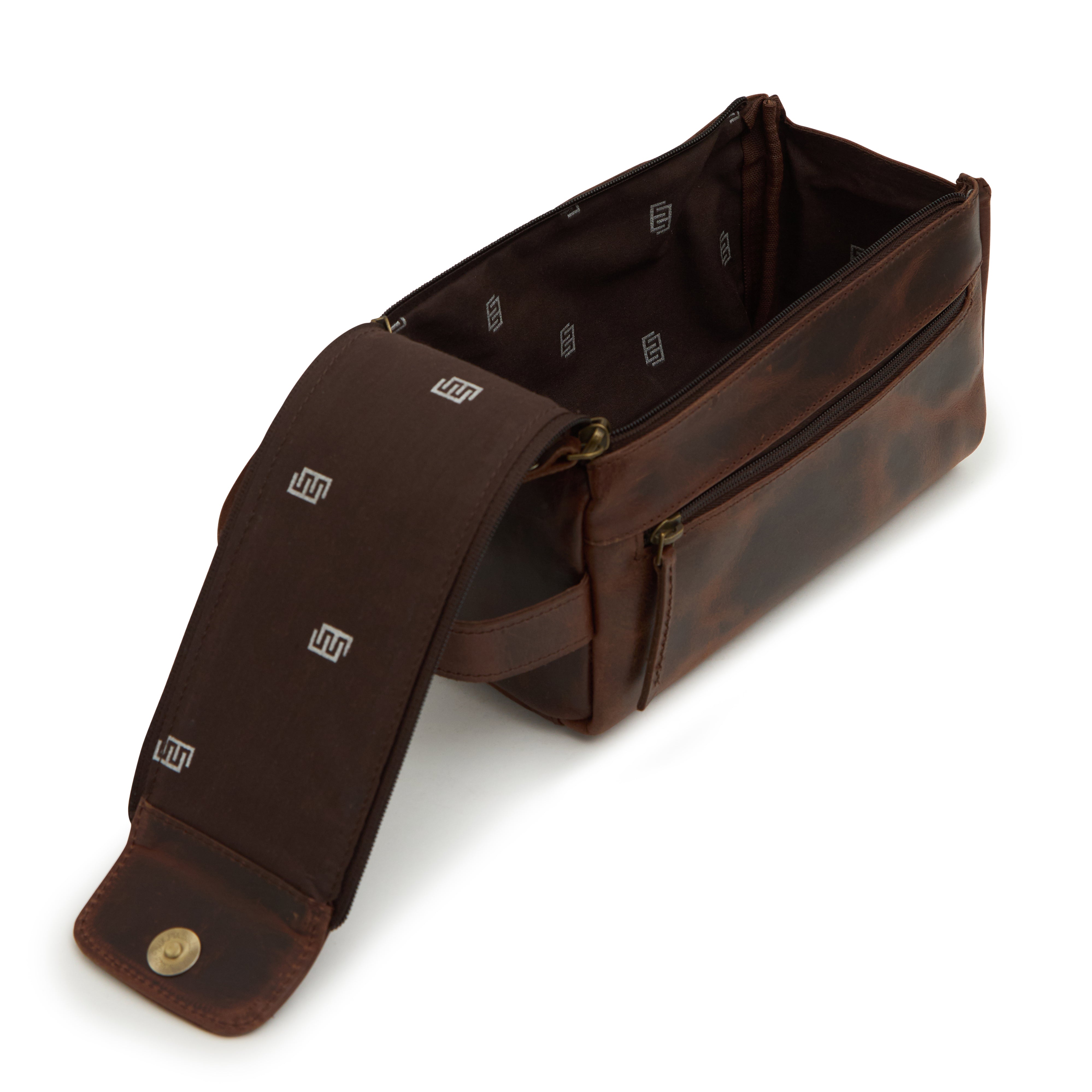 Godfrey - Leather Retro Dual Zipper Toiletry Bag - Brown