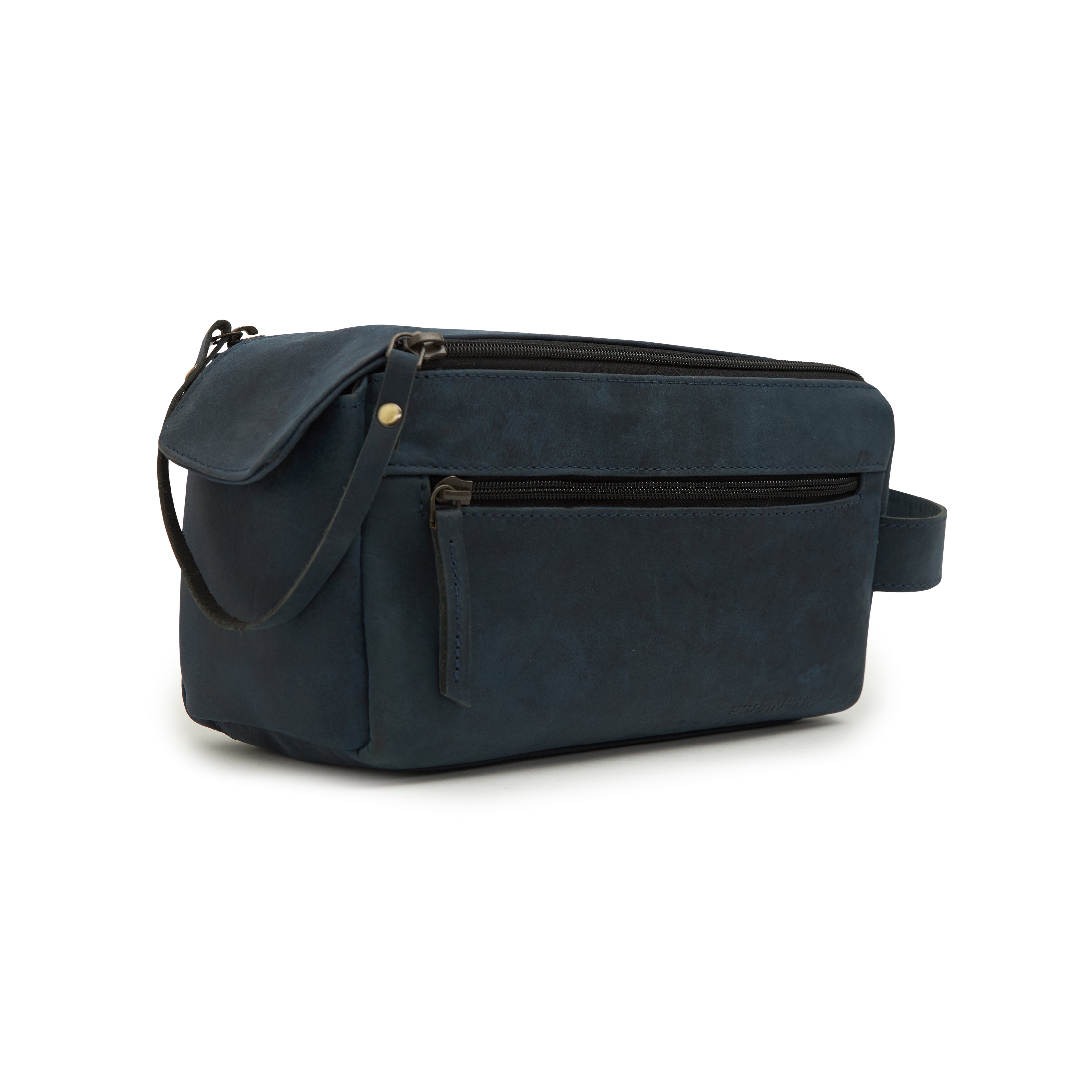 Godfrey - Leather Retro Dual Zipper Toiletry Bag - Blue