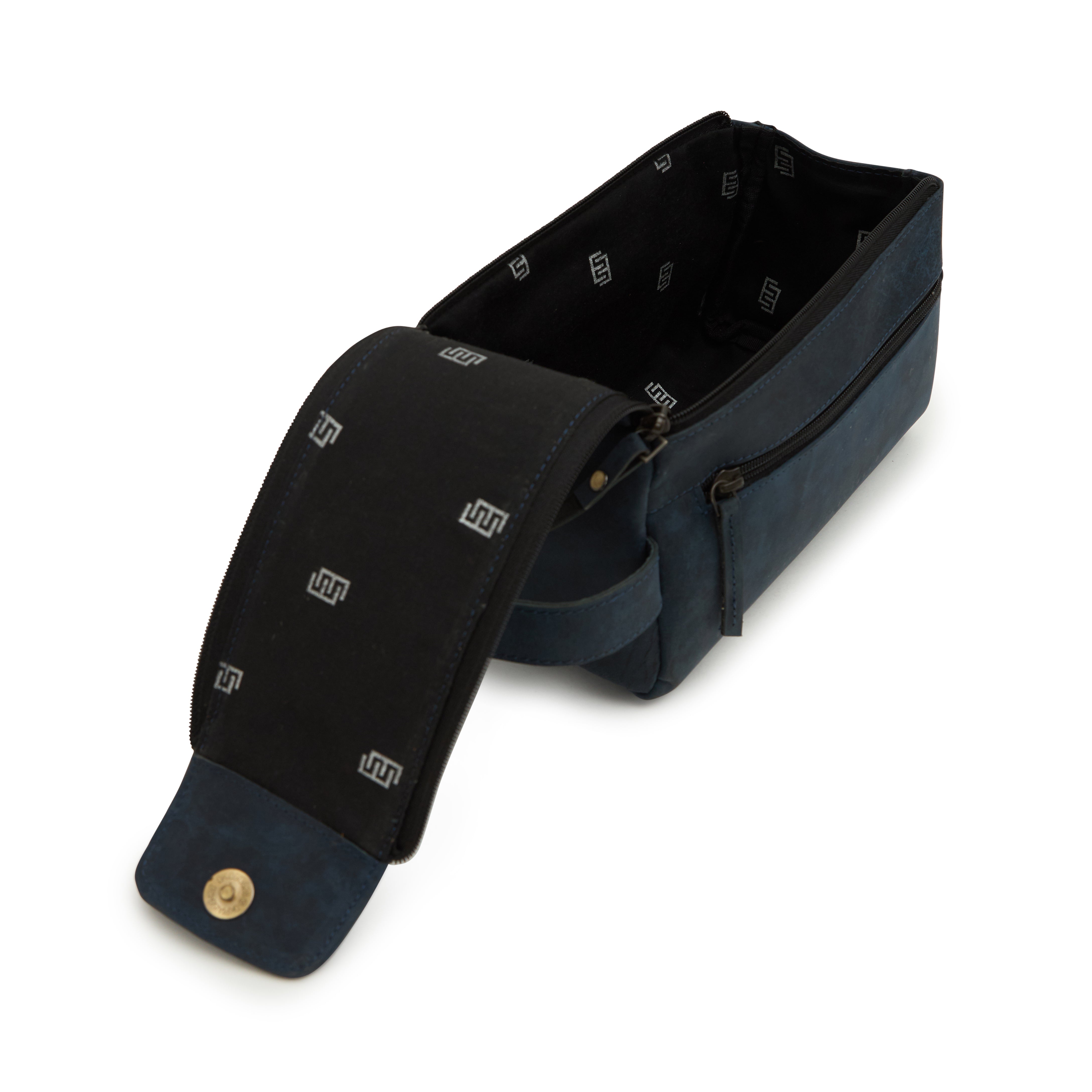 Godfrey - Leather Retro Dual Zipper Toiletry Bag - Blue