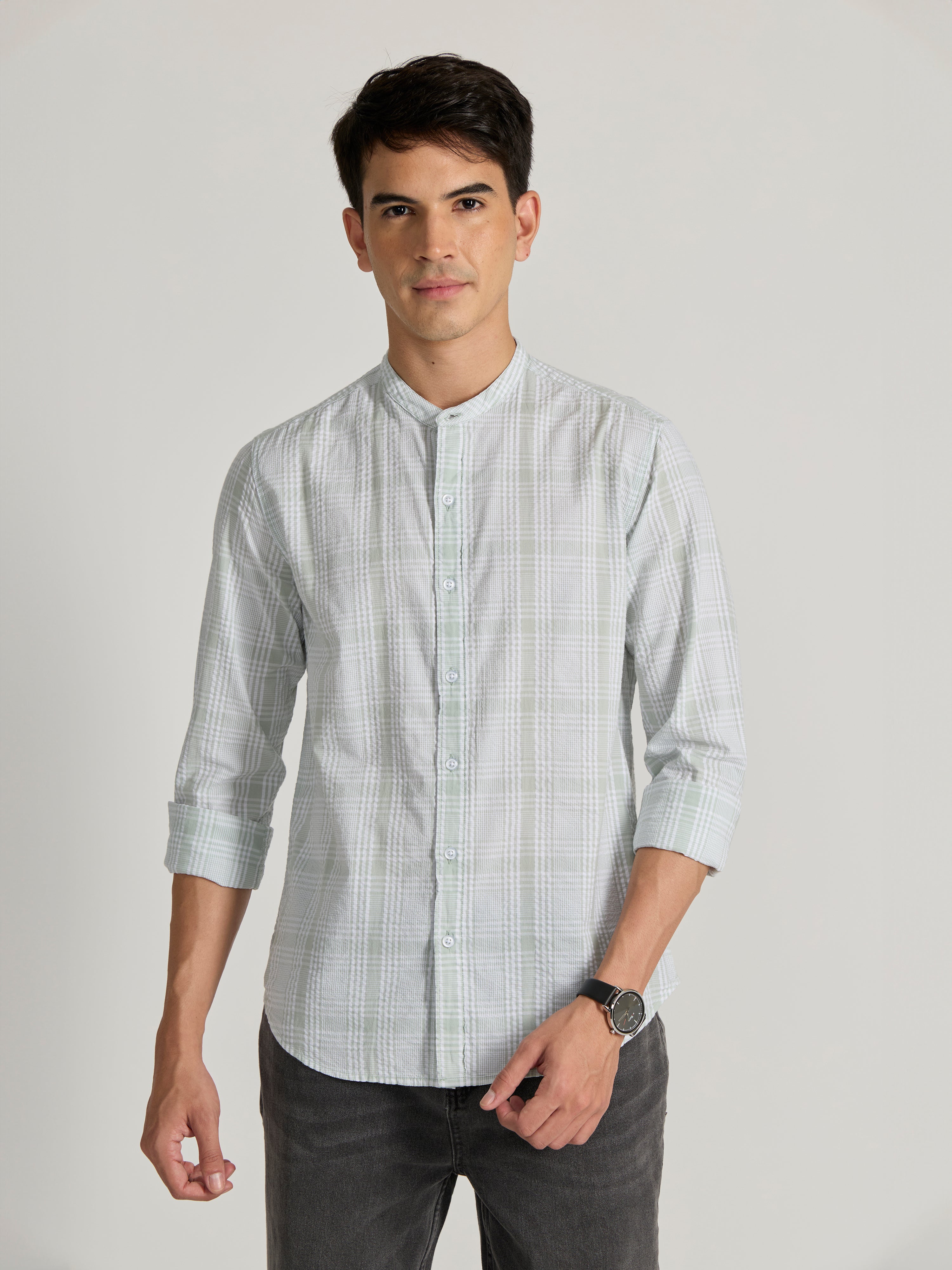 Hadrian - Band Collar Checks Shirt - Green